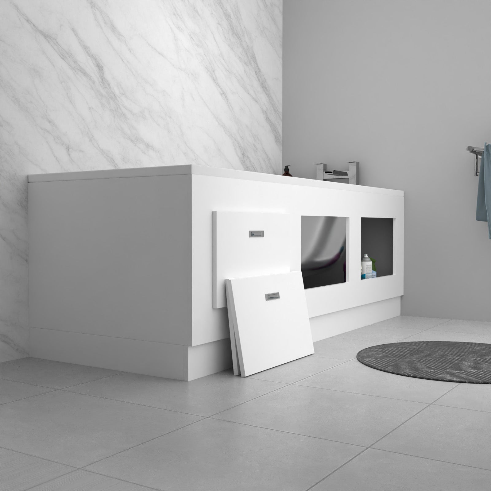 White PVC 1800mm Front & End Bath Panels with Magnetic Door - Adjustable Height