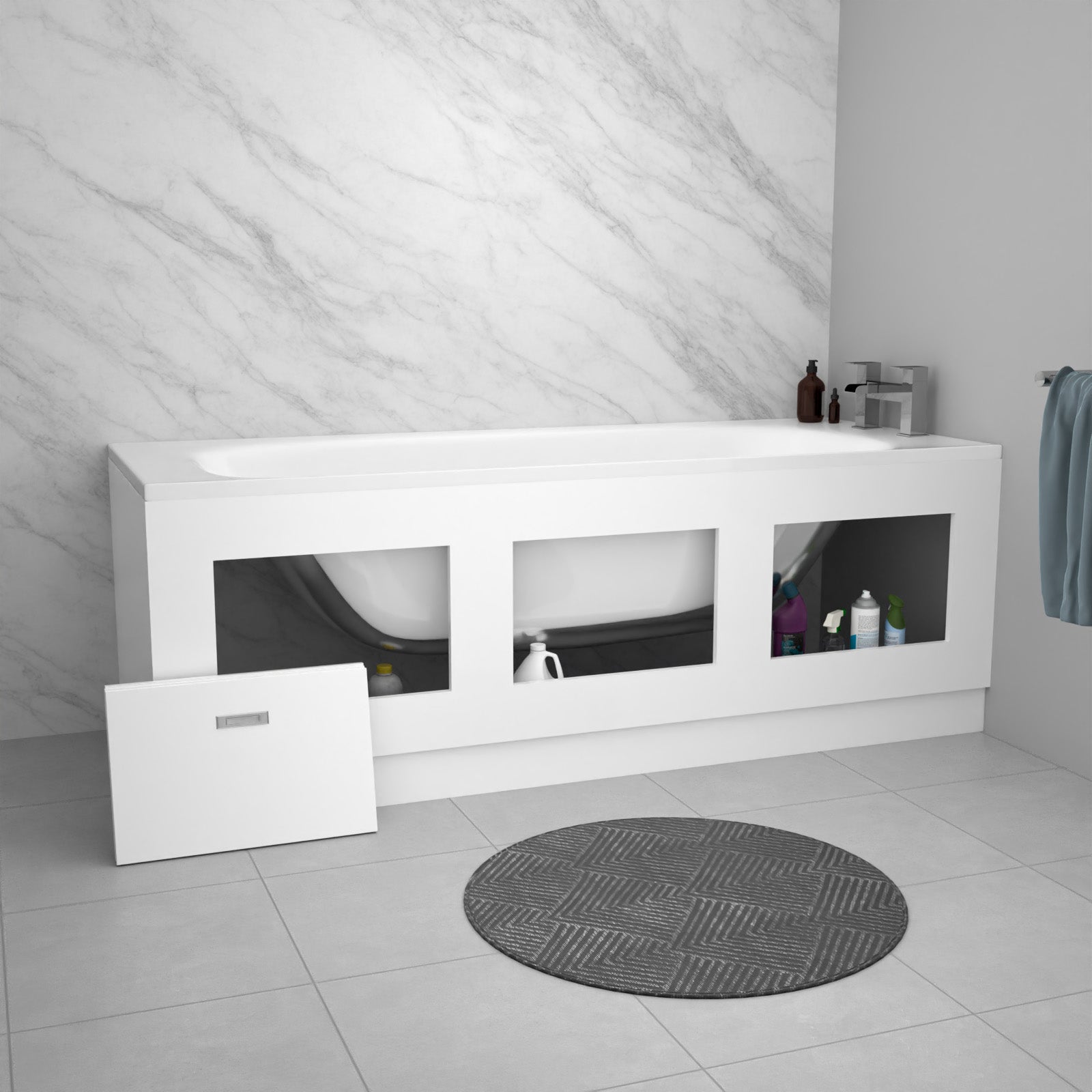 White PVC 1800mm Front & End Bath Panels with Magnetic Door - Adjustable Height