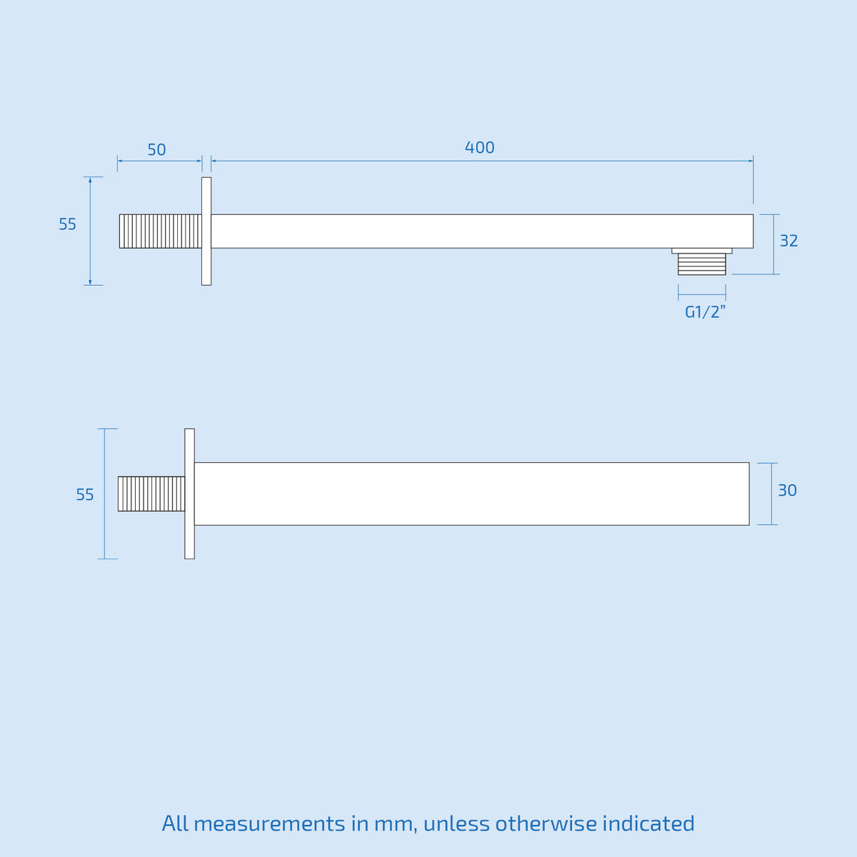 400MM Rectangular Brass Chrome Finish Wall Mounted Shower Arm
