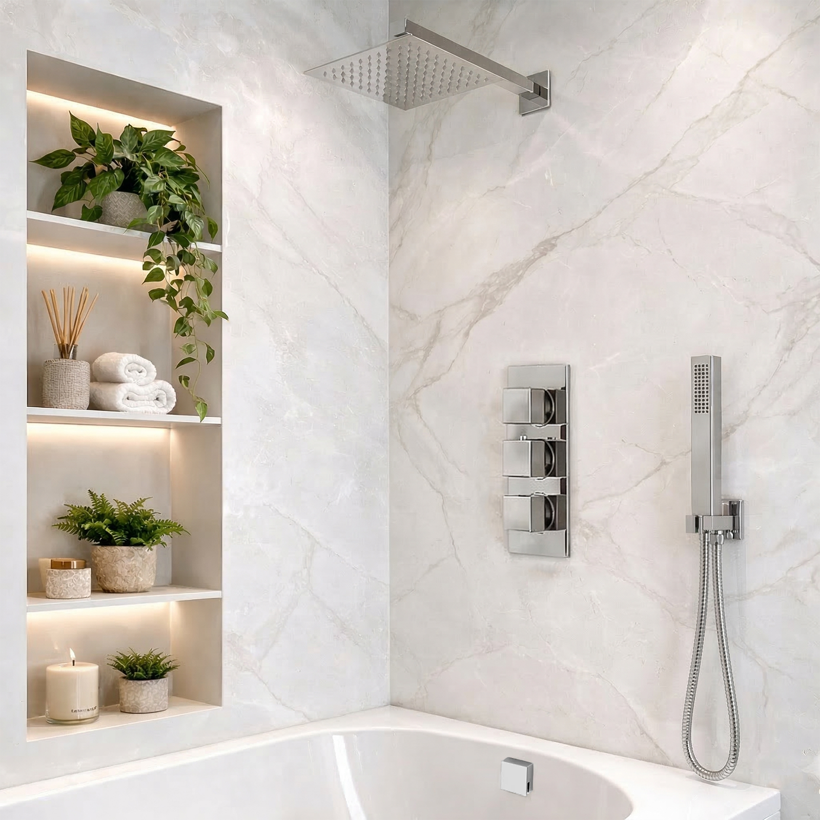 Olive Square 3 Way Concealed Thermostatic Shower Mixer Valve, Shower Head, Handheld, Bath Filler Set Chrome