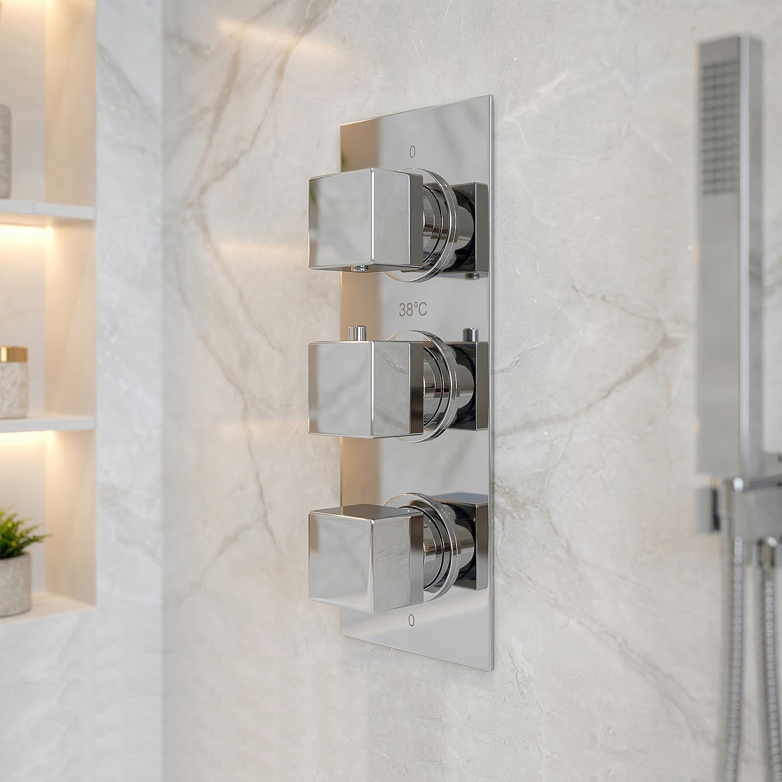 Olive Square 3 Way Concealed Thermostatic Shower Mixer Valve, Shower Head, Handheld, Bath Filler Set Chrome