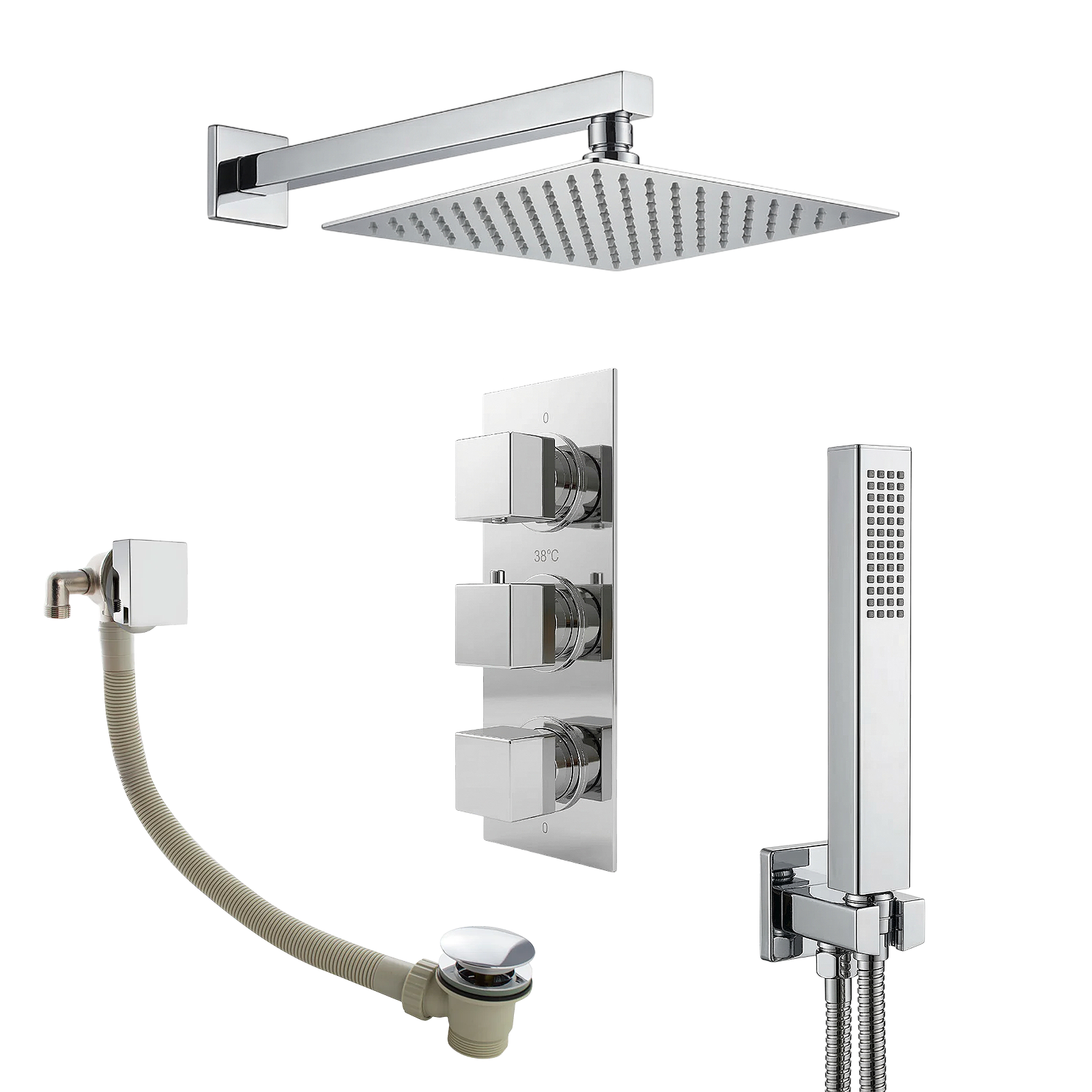 Olive Square 3 Way Concealed Thermostatic Shower Mixer Valve, Shower Head, Handheld, Bath Filler Set Chrome