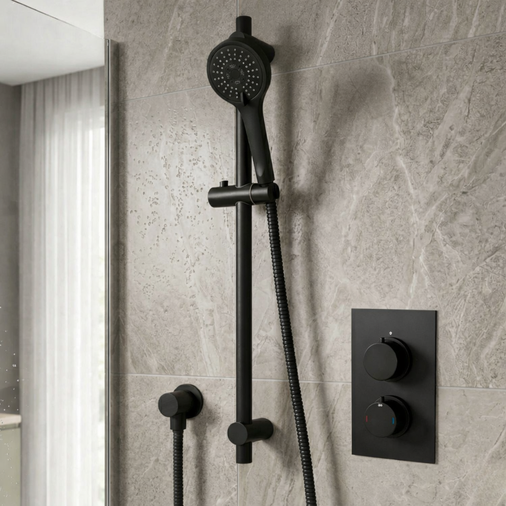 Onyx 2 Dial 1 Outlet Modern Round Matte Black Concealed Thermostatic Shower Valve with Slider Rail Kit, Handset & Wall Outlet Elbow Set