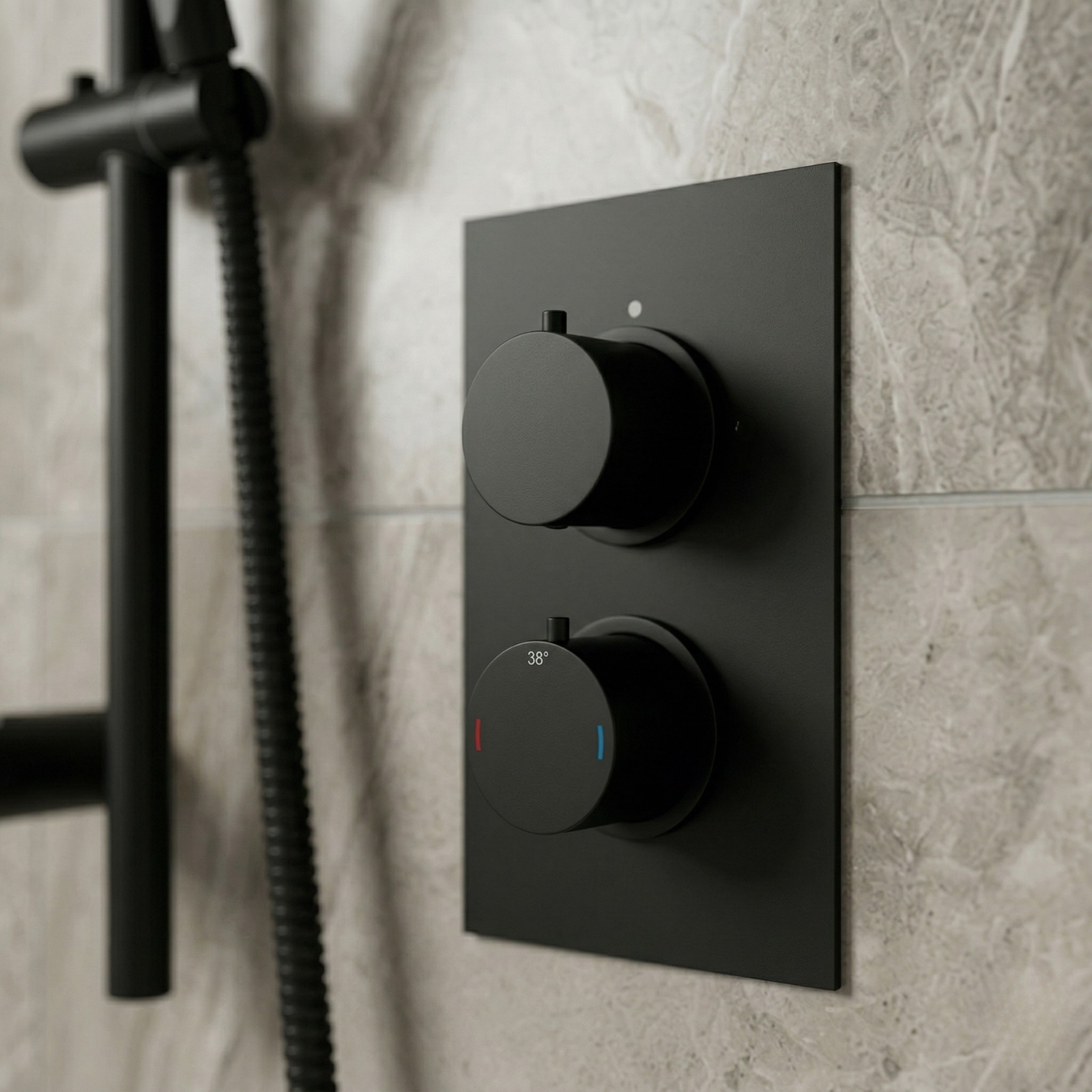 Onyx 2 Dial 1 Outlet Modern Round Matte Black Concealed Thermostatic Shower Valve with Slider Rail Kit, Handset & Wall Outlet Elbow Set