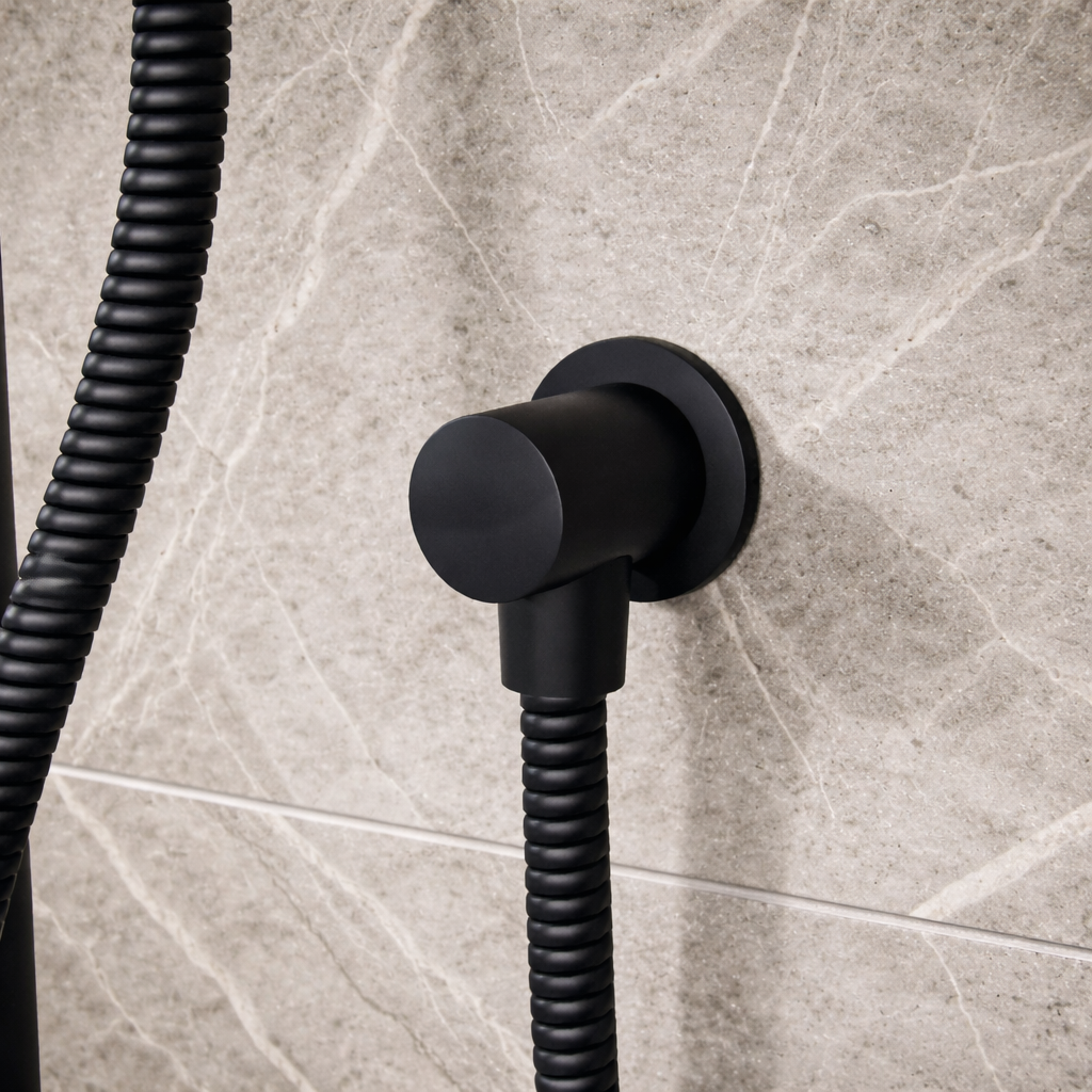 Onyx 2 Dial 1 Outlet Modern Round Matte Black Concealed Thermostatic Shower Valve with Slider Rail Kit, Handset & Wall Outlet Elbow Set