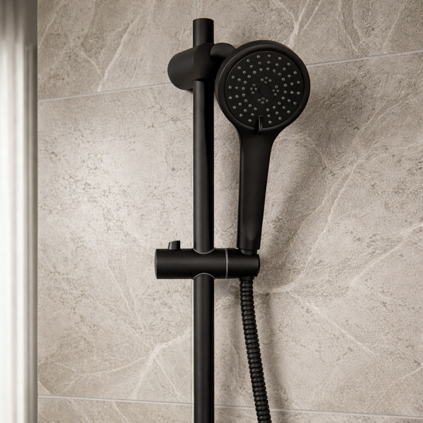 Onyx 2 Dial 1 Outlet Modern Round Matte Black Concealed Thermostatic Shower Valve with Slider Rail Kit, Handset & Wall Outlet Elbow Set