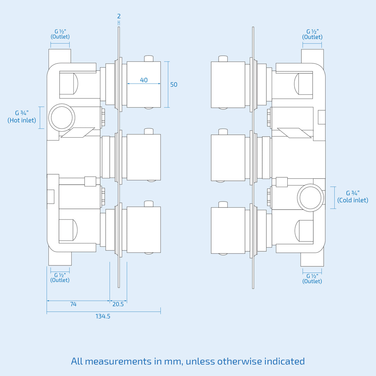 3 Dial 2 Outlet Round Concealed Thermostatic Shower Valve, Head & Arm