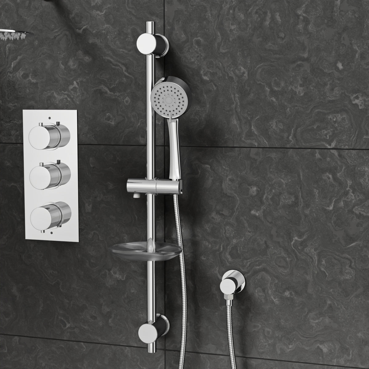 3 Dial 2 Outlet Round Concealed Thermostatic Shower Valve, Head & Arm