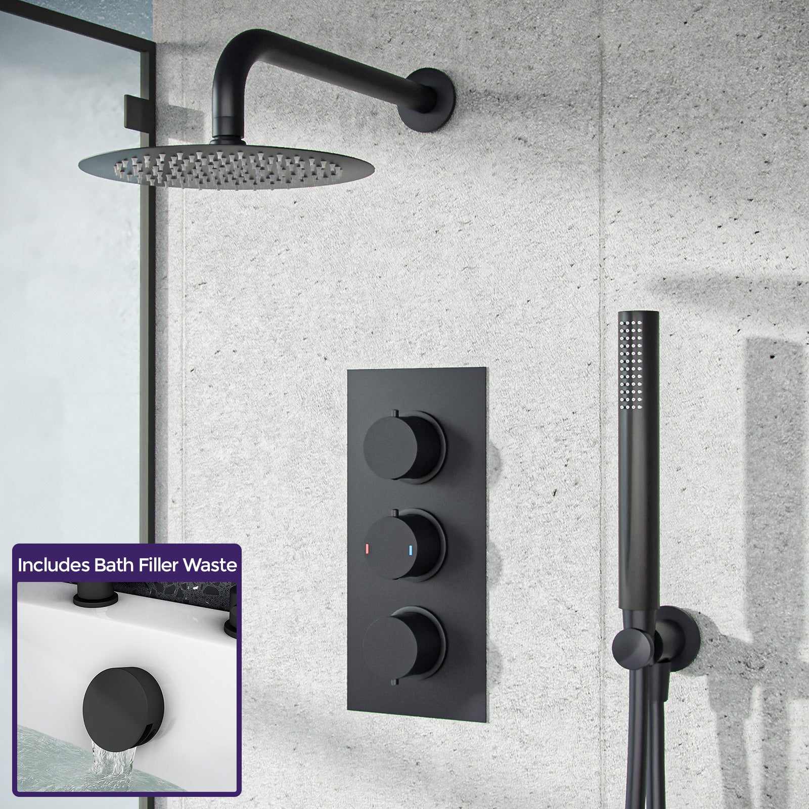 Wilden 3 Dial 3 Way Concealed Thermostatic Shower Mixer, Head & Handset Set Black Matte