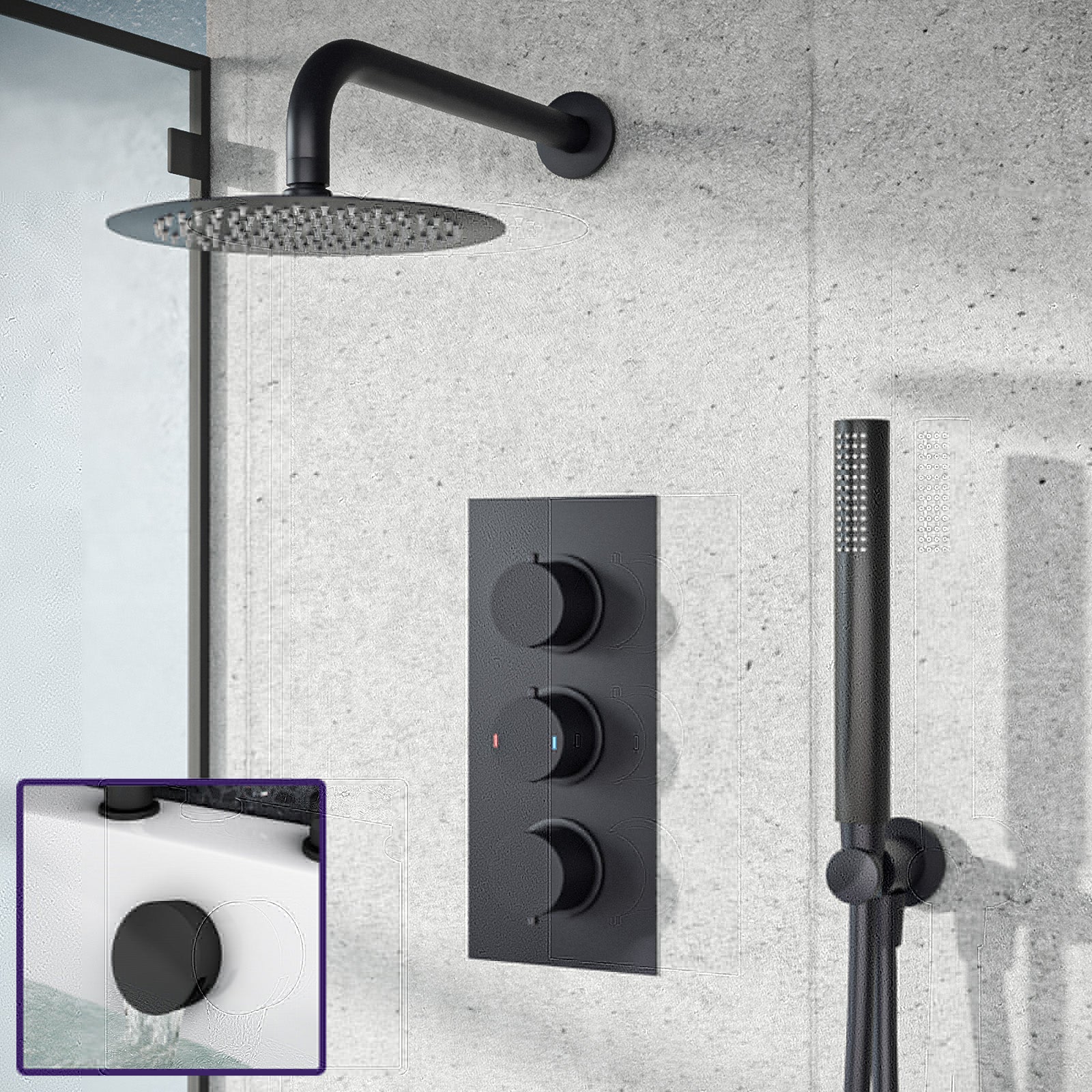 Ultra Slim Wall Mounted Overhead Shower Complete Matte Black Set