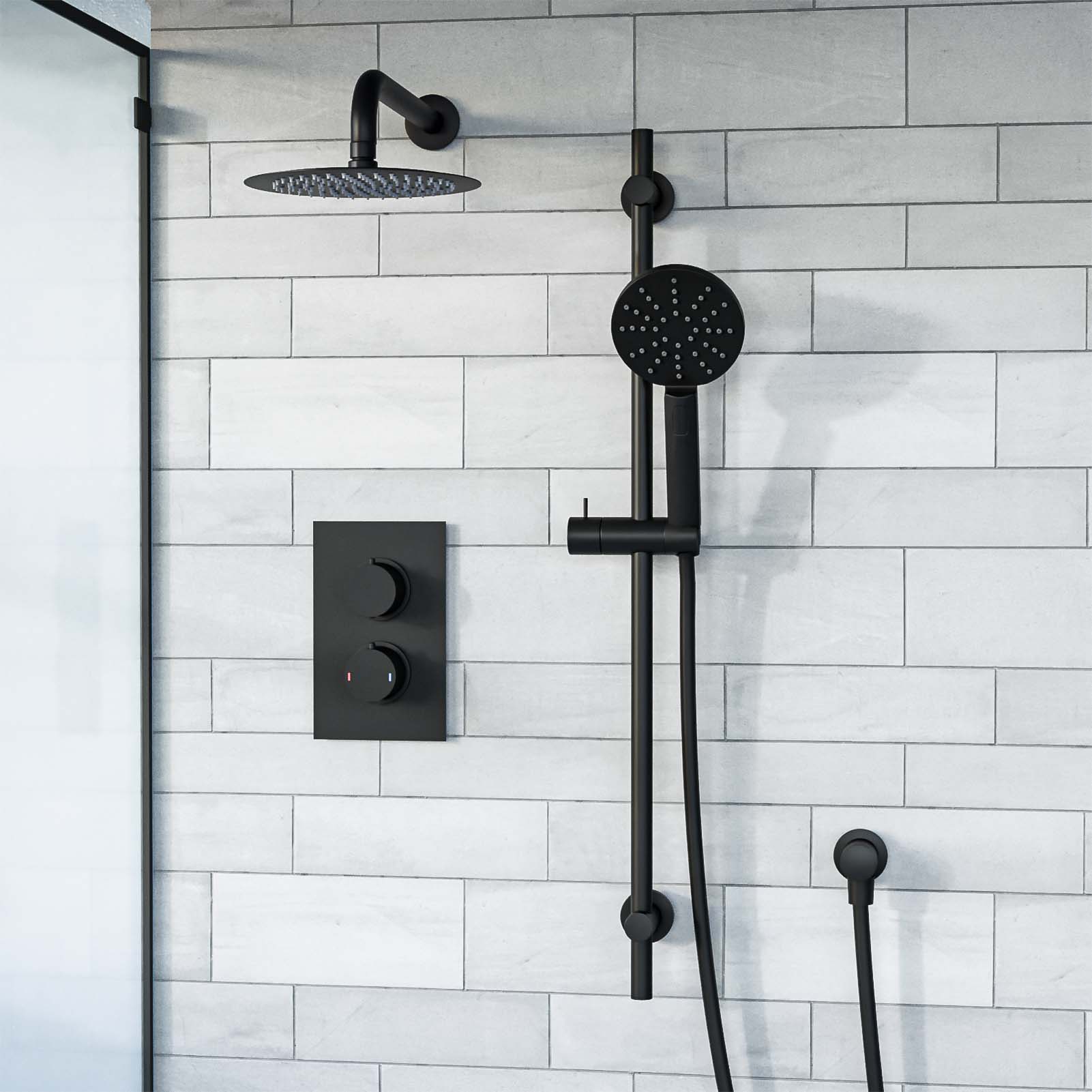 Voilet 2 Dial 2 Way Thermostatic Mixer, 200mm Shower Head, Slider Rail & Handset Matte Black