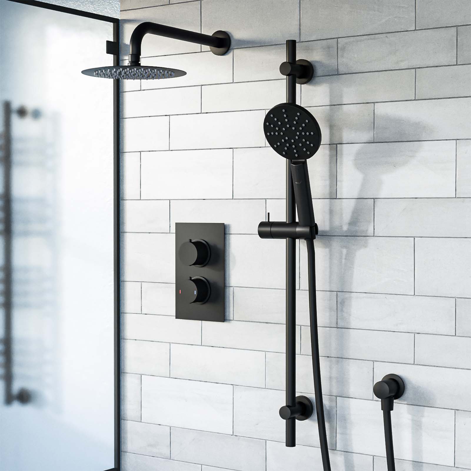 Violet 2 Dial 2 Way Thermostatic Mixer, 200mm Rainfall Shower Head, Slider Rail & Handset Matte Black