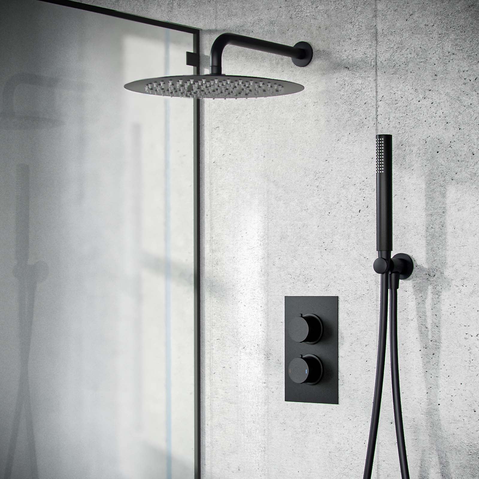 Temel Matte Black Round 300mm Shower with Hand Held Set Thermostatic Mixer Valve