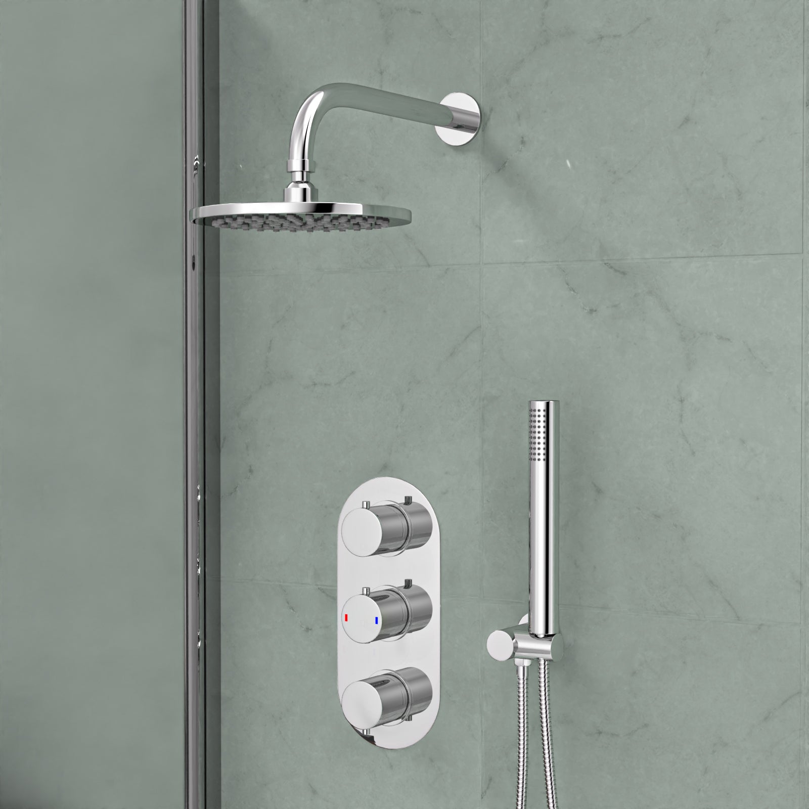 Chrome Round 3 Way Concealed Mixer Shower Valve Pencil Handset Bath Filler