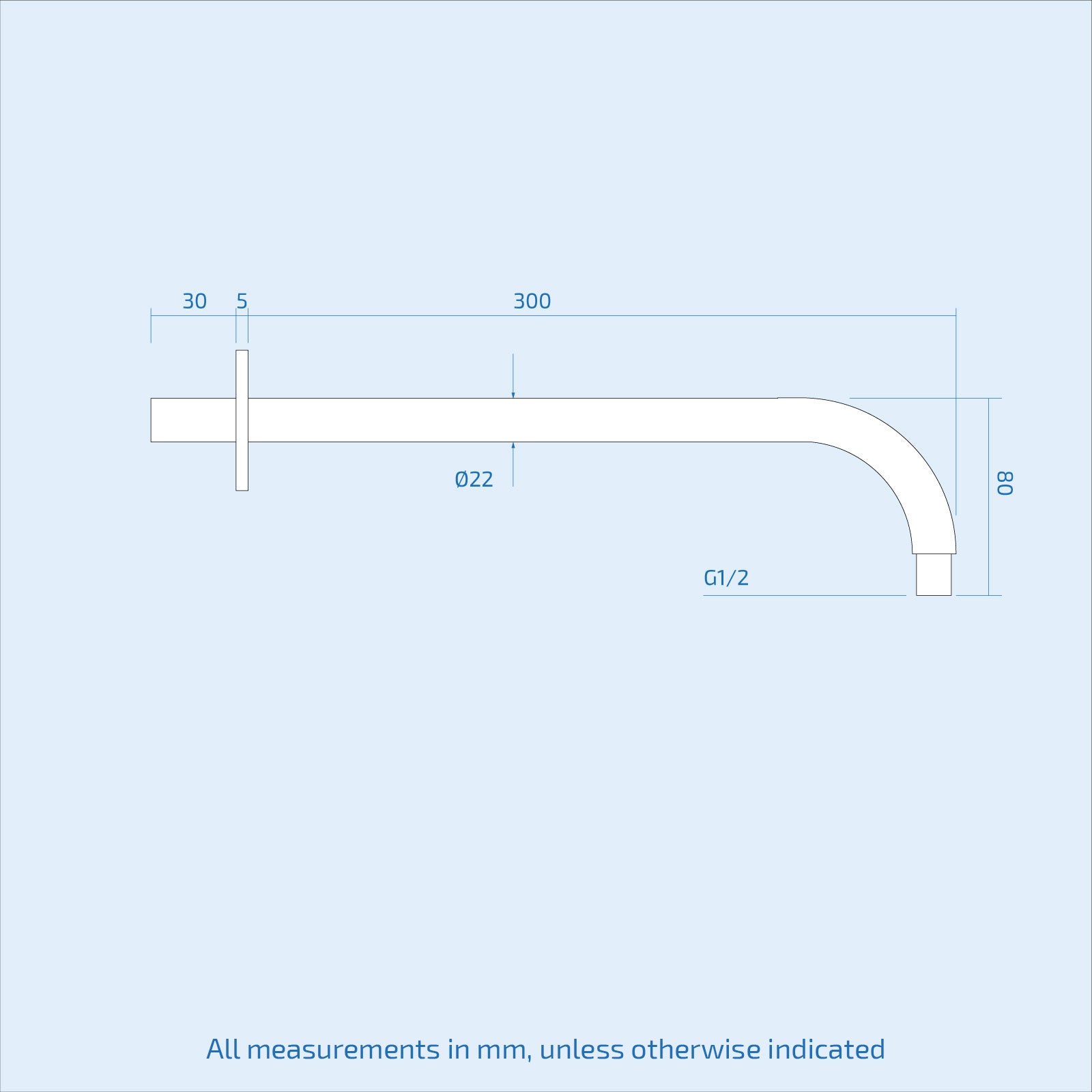 Minimalist Chrome Round Fixed Brass Wall Mounted Shower Arm 300mm for 8 or 9 inch Shower Head