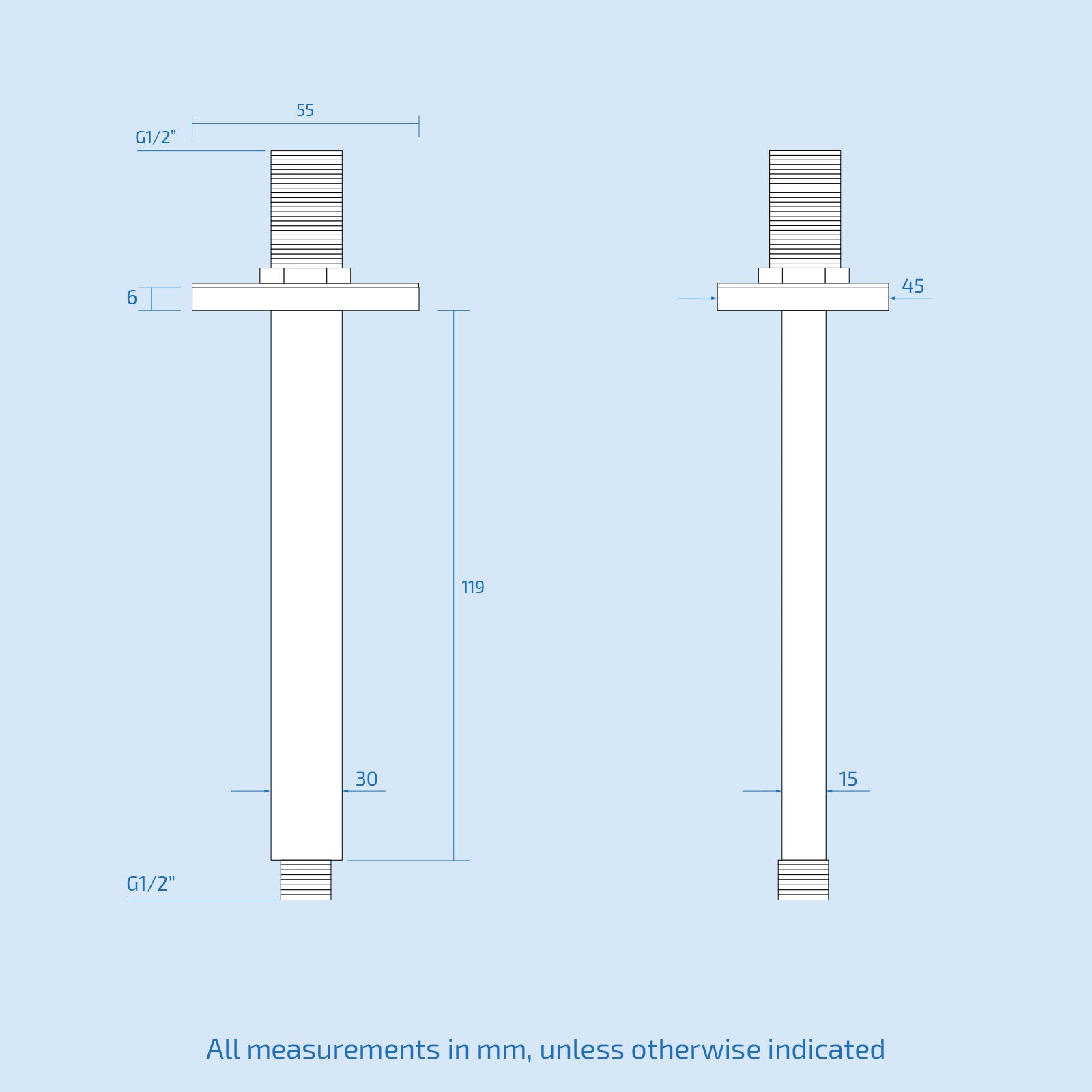 120mm Rectangular Ceiling Shower Arm Chrome for 8 or 9 inch Shower Head