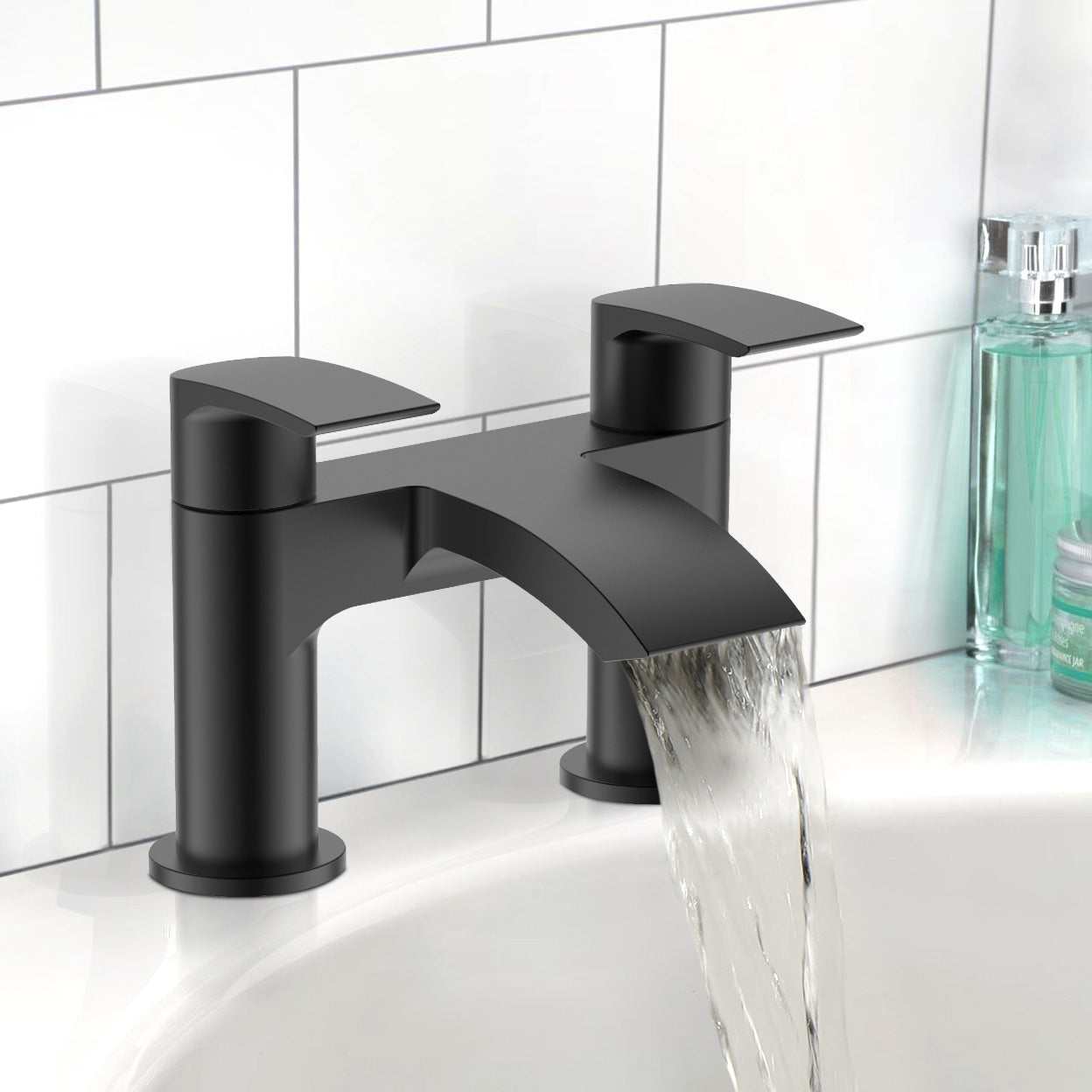 Vago Contemporary Matte Black Deck Mounted Waterfall Bath Filler Tap