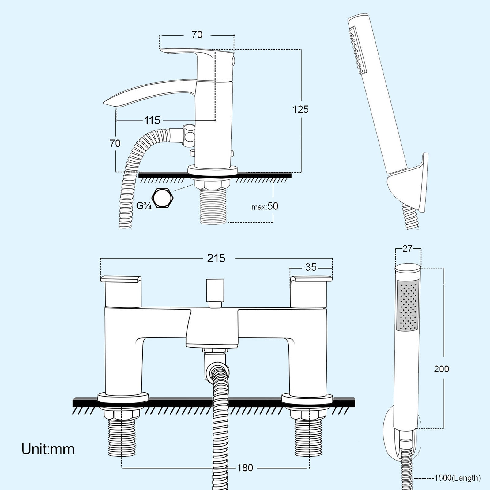 Croxton Square Shower & Vago Bath Mixer Tap, Handset & Riser Rail Kit Matte Black