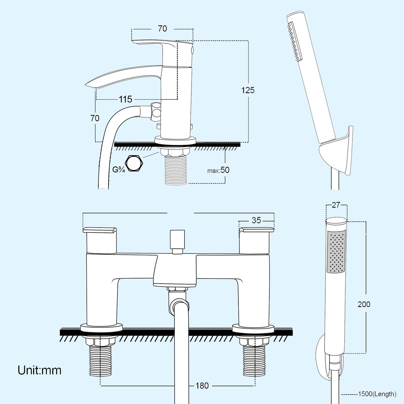 Kinver Square Shower Riser Rail Kit With Mixer Tap & Handset Matte Black