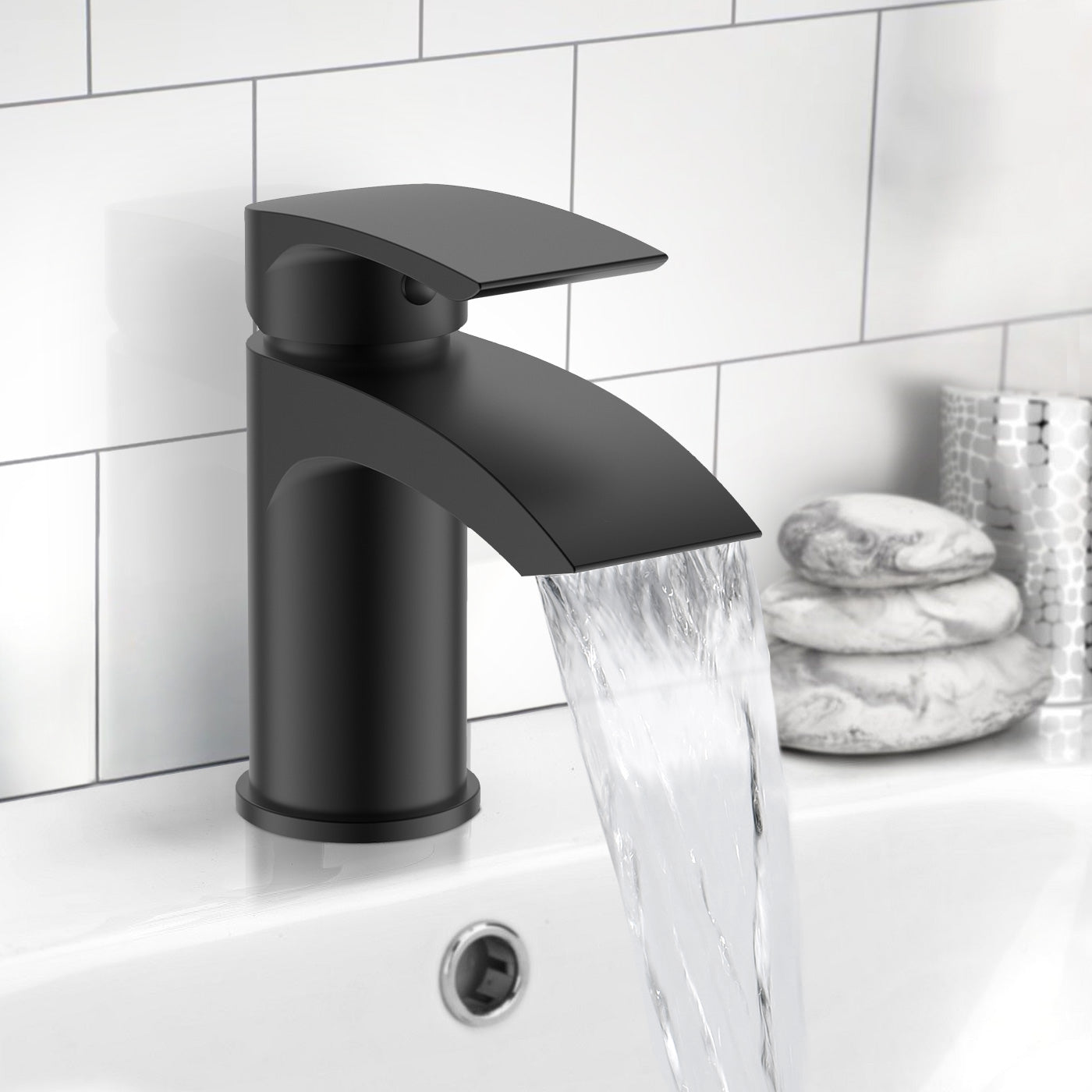 Vago Modern Matte Black Waterfall Basin Mixer Tap & Bath Shower Mixer With Handset Kit