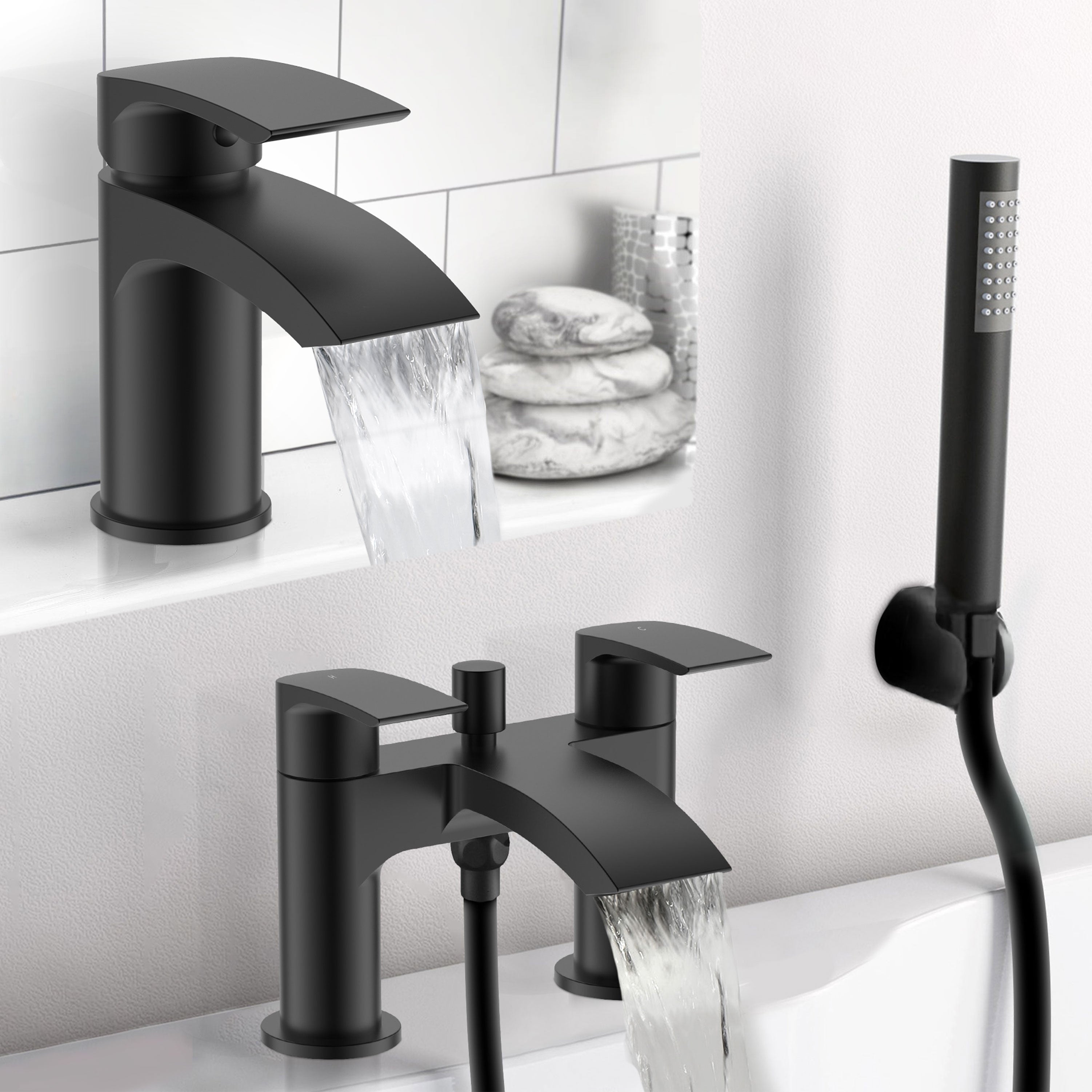 Vago Modern Waterfall Matte Black Basin Mono Mixer Tap & Bath Shower Mixer Tap With Handset Kit