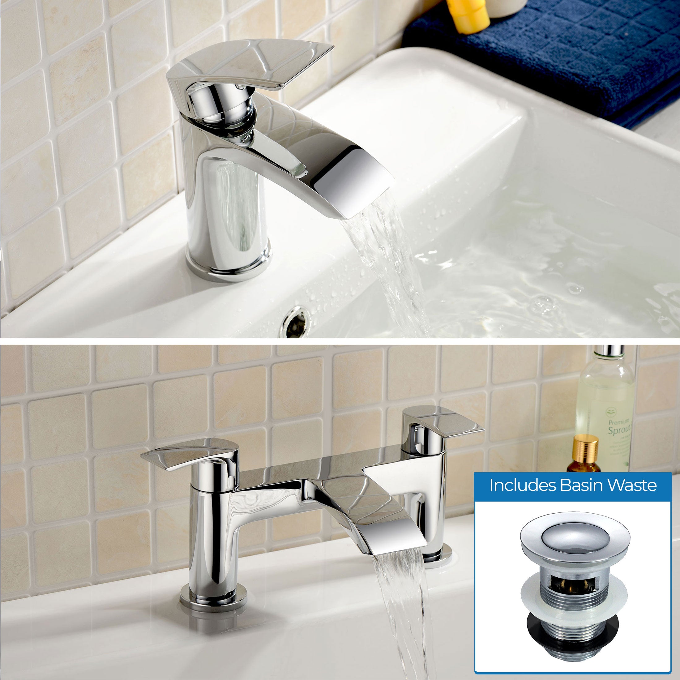 Vago Modern Waterfall Design Basin Mono Mixer Tap & Bath Filler Tap