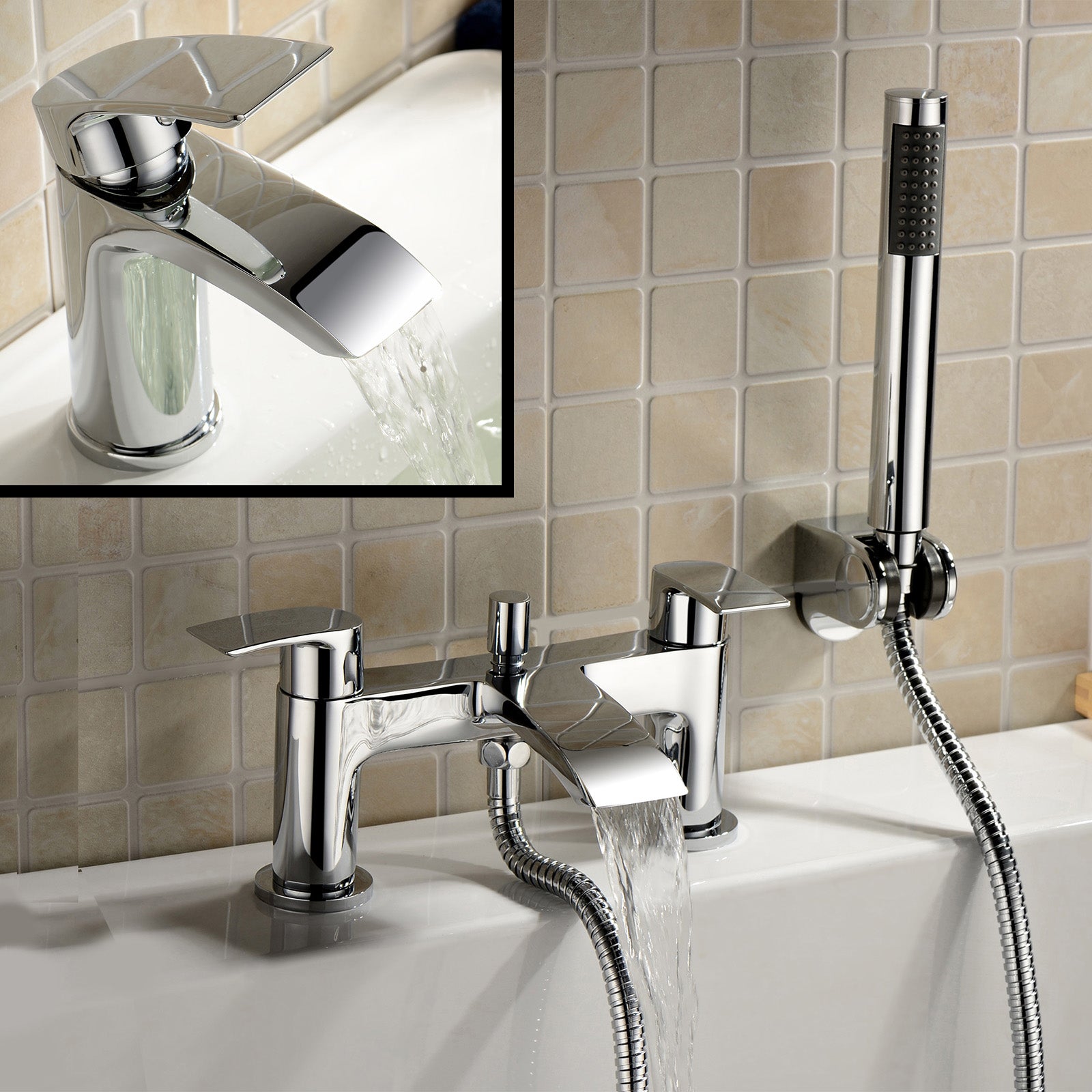 Vago Waterfall Basin Mono Tap & Bath Shower Mixer Tap Chrome