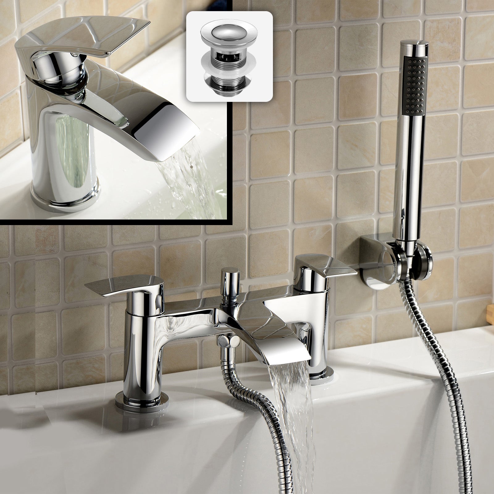 Vago Waterfall Basin Mono Tap & Bath Shower Mixer Tap Chrome