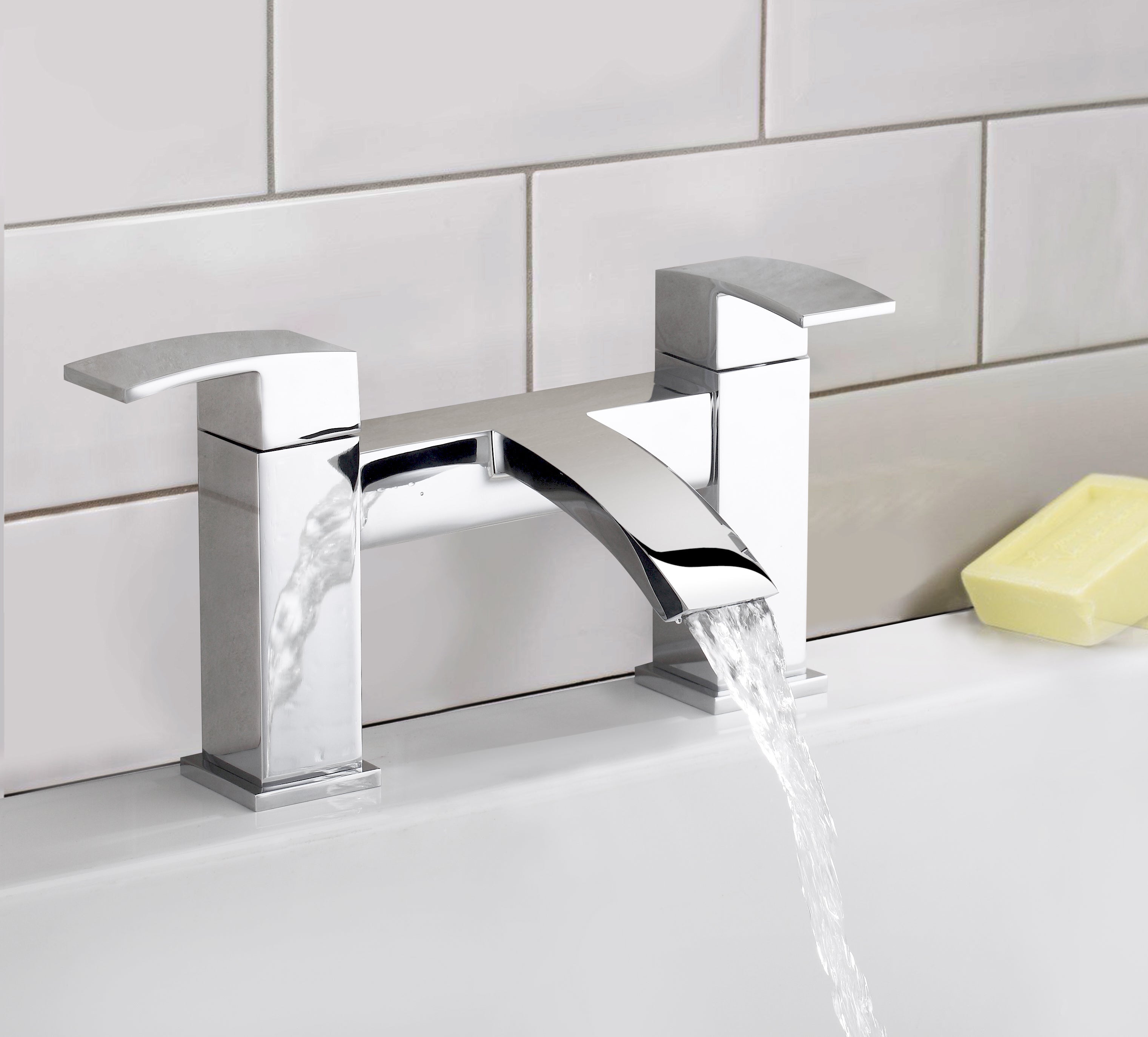 Arke Modern Chrome Waterfall Bridge Deck Mounted Bath Filler Tap & Waste