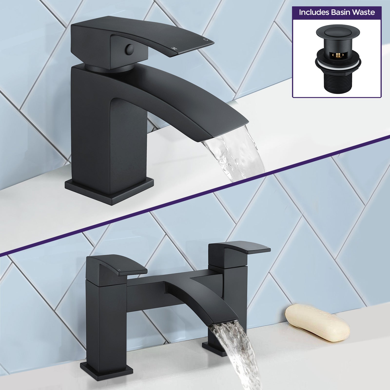 Arke Modern Matte Black Square Deck Mounted Bath Filler & Basin Sink Mixer Tap