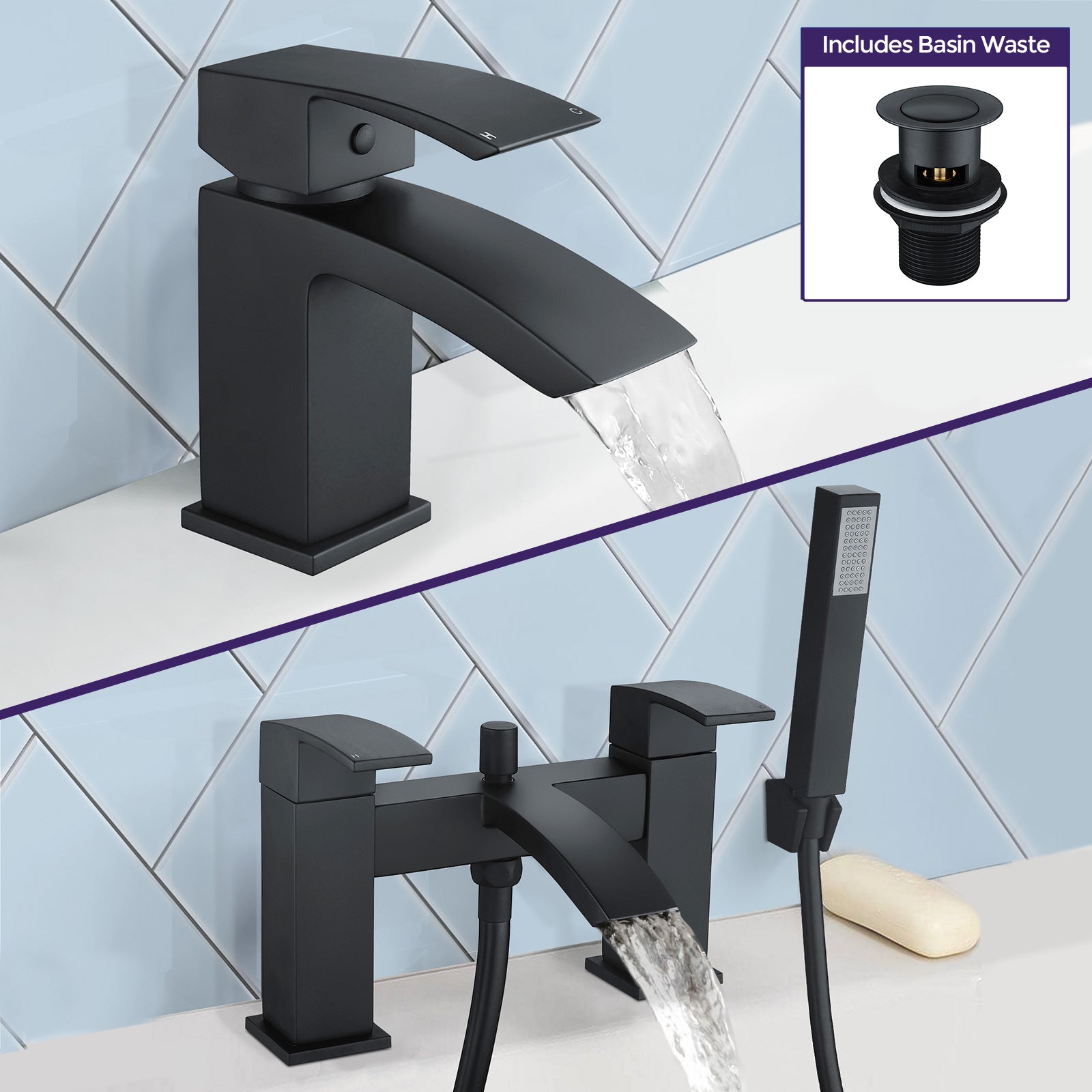 Arke Modern Design Matte Black Basin Mixer Tap And Bath Shower Mixer Tap With Handset Kit And Basin Waste