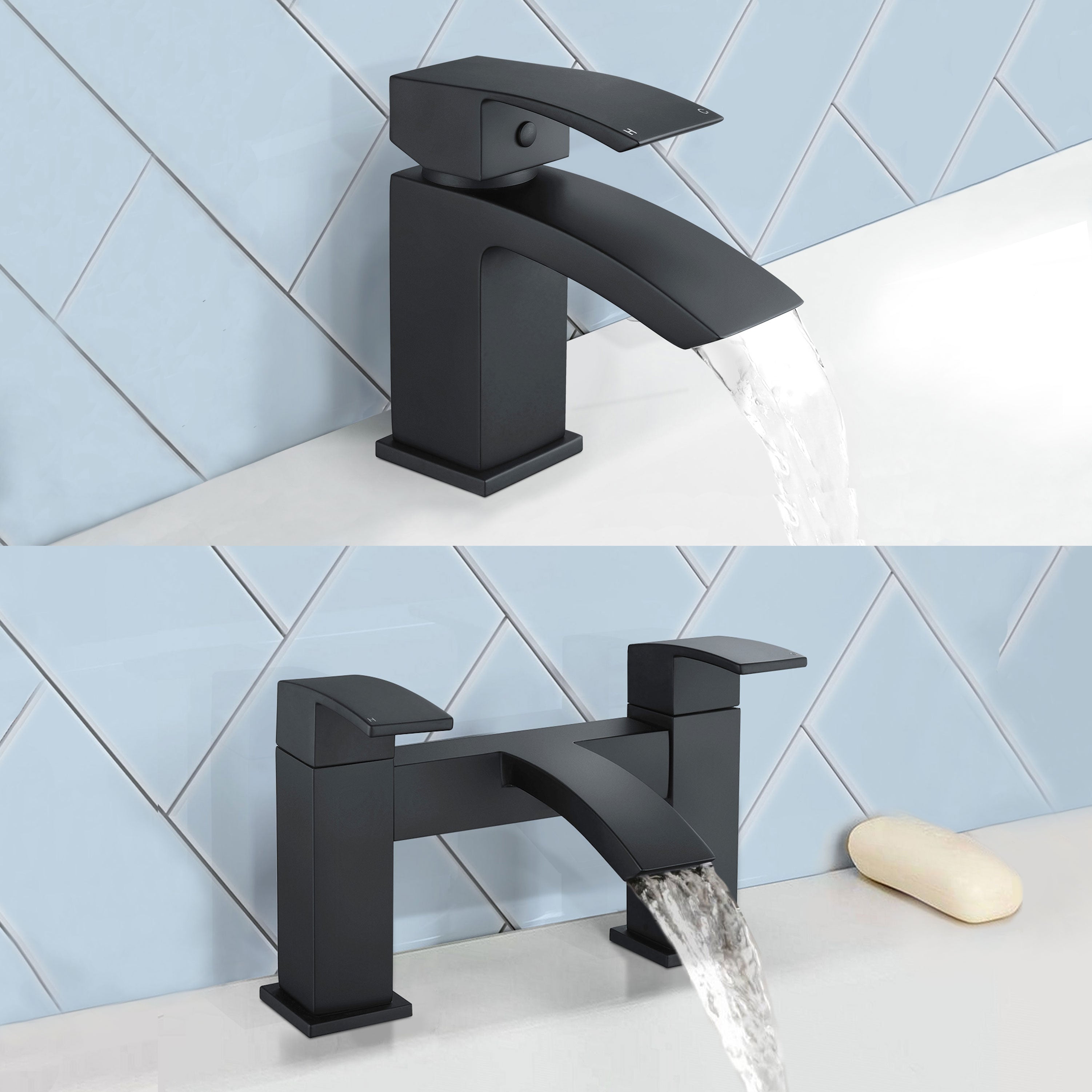 Arke Modern Matte Black Square Deck Mounted Bath Filler & Basin Sink Mixer Tap