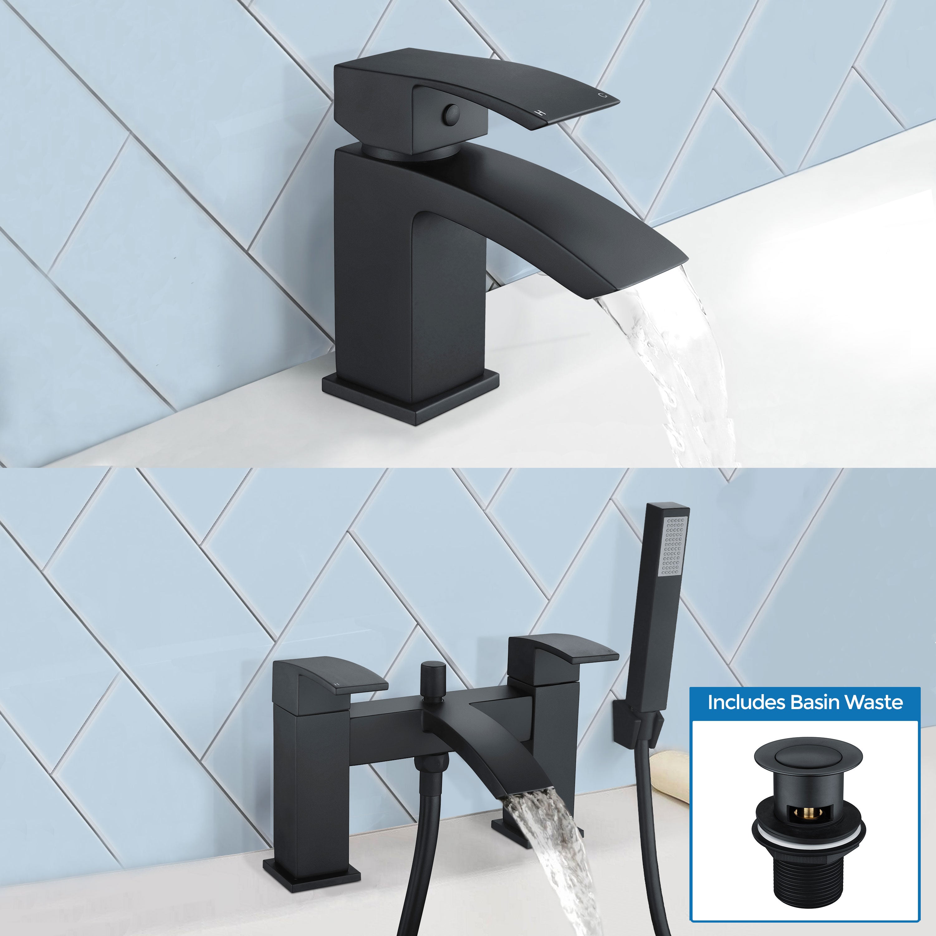 Arke Modern Design Matte Black Basin Mixer Tap And Bath Shower Mixer Tap With Handset Kit And Basin Waste