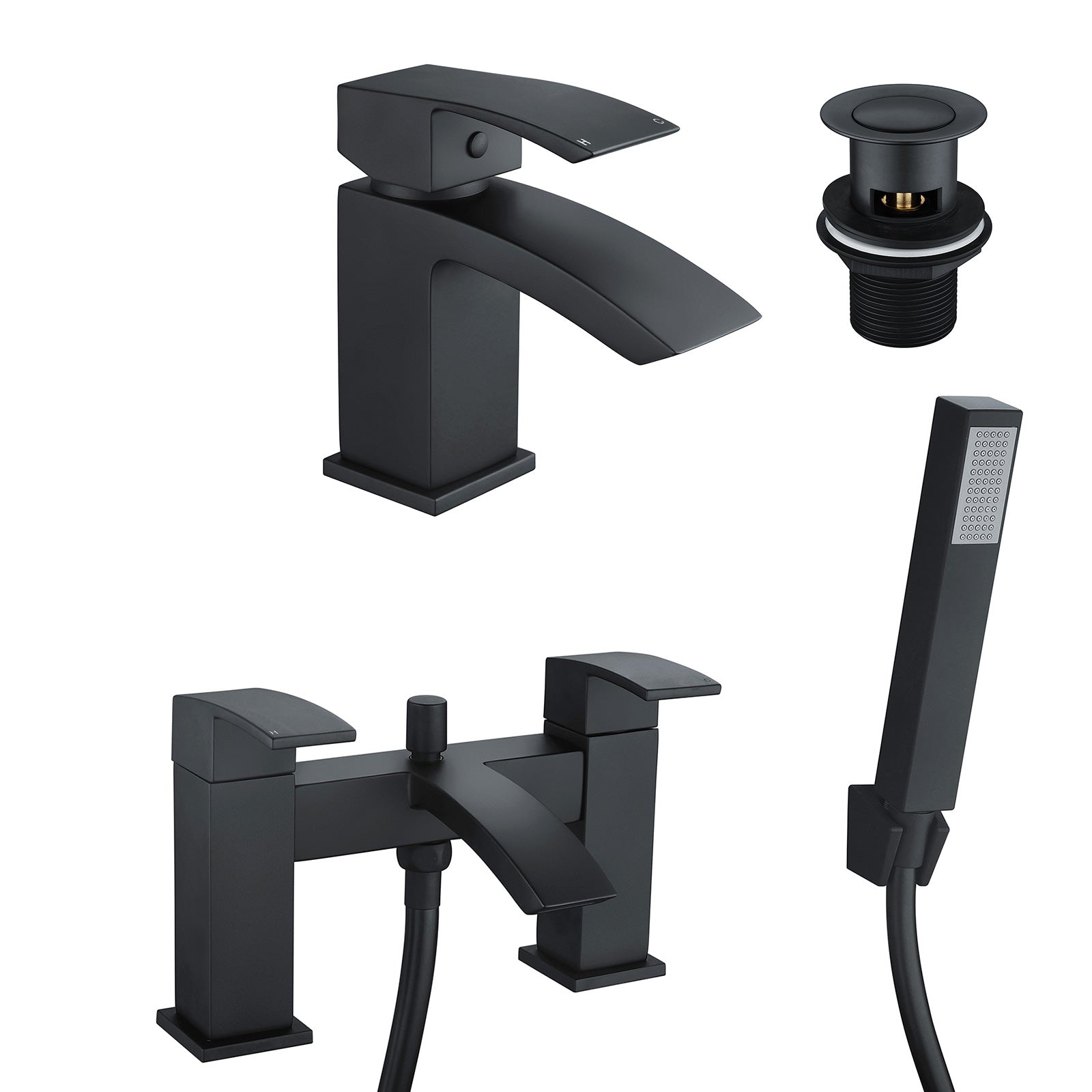 Arke Modern Design Matte Black Basin Mixer Tap And Bath Shower Mixer Tap With Handset Kit And Basin Waste