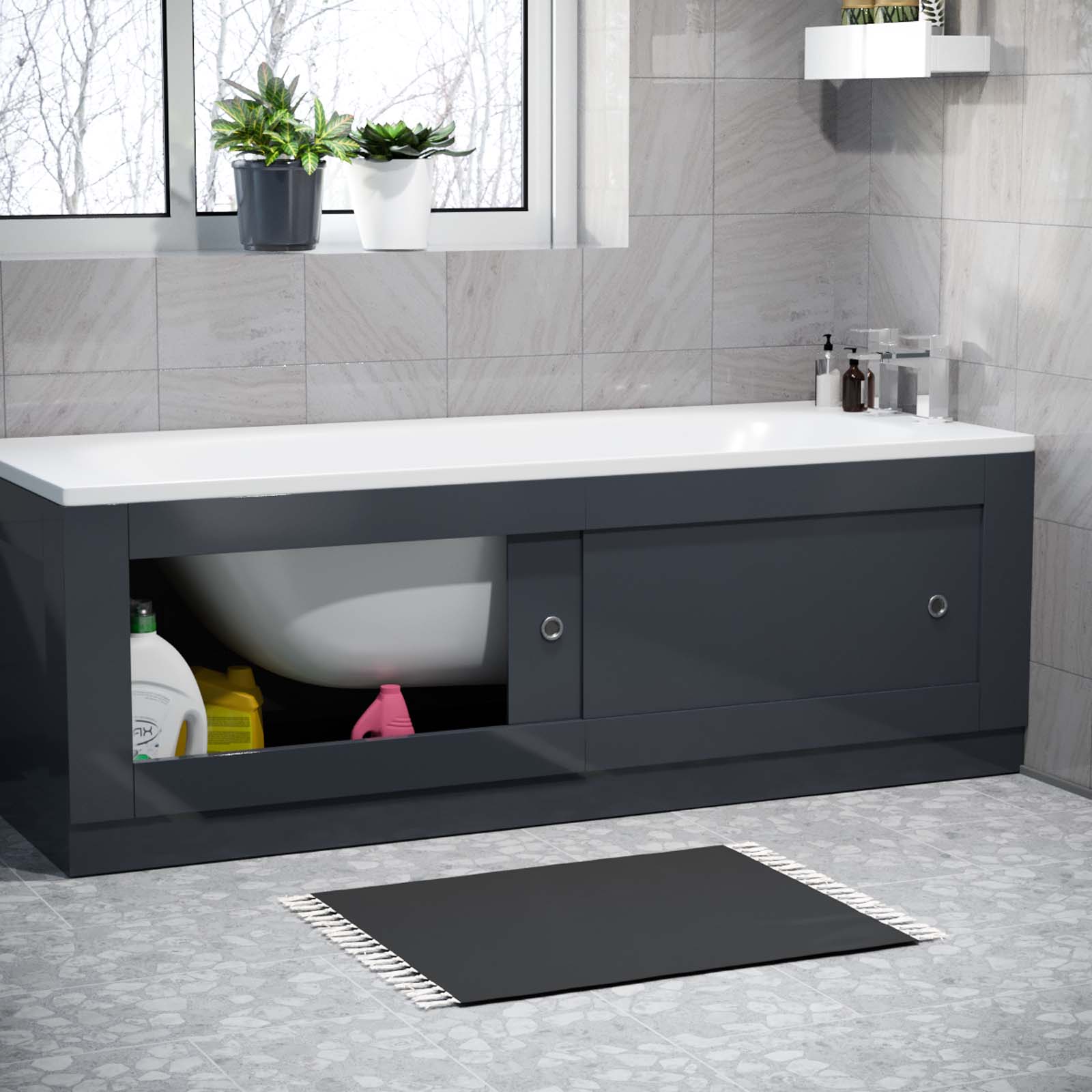 Dark Grey PVC 1700mm 2 Sliding Doors Bath Front Panel
