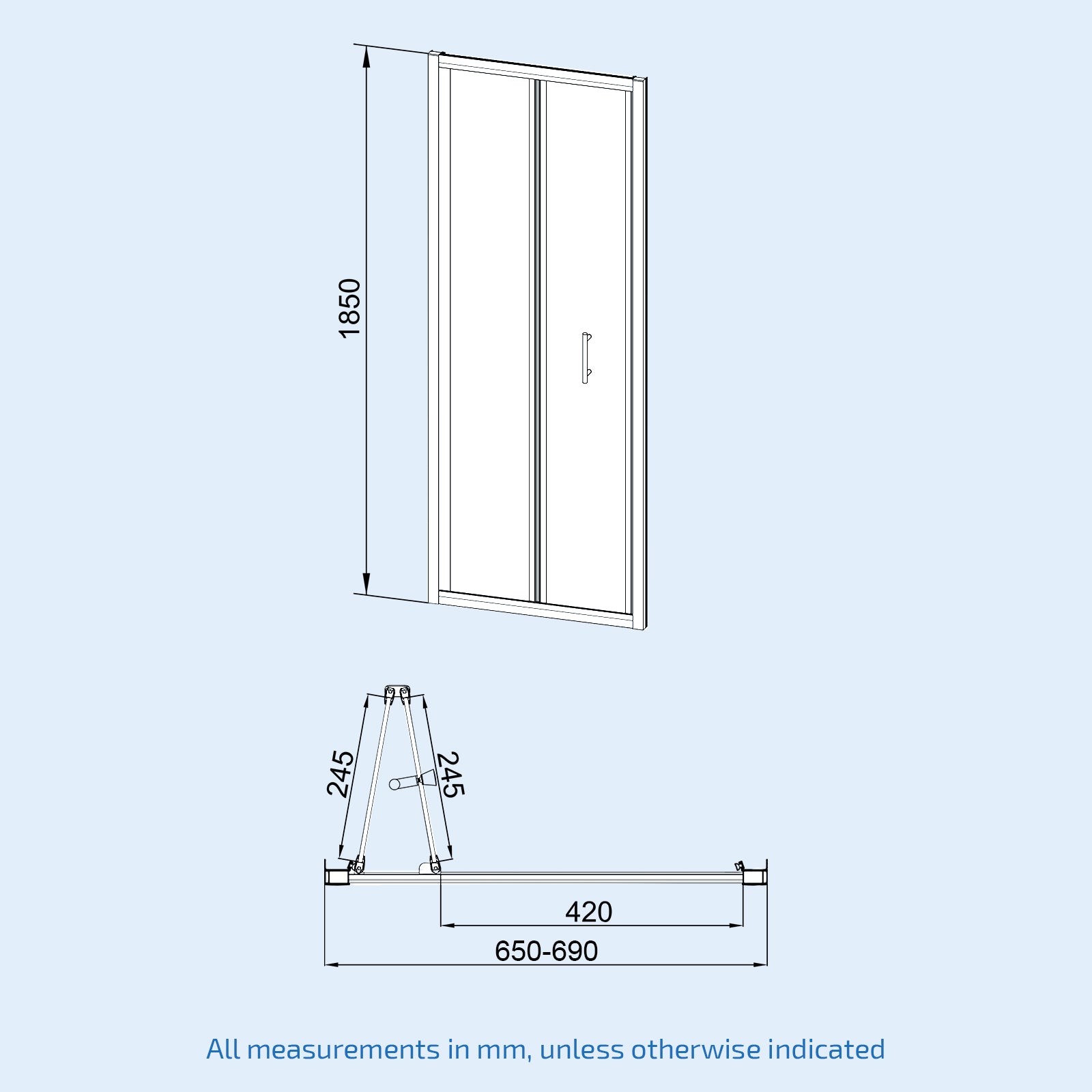 Bi-Fold Shower Enclosure Door Chrome 6mm Tempered Glass 700mm