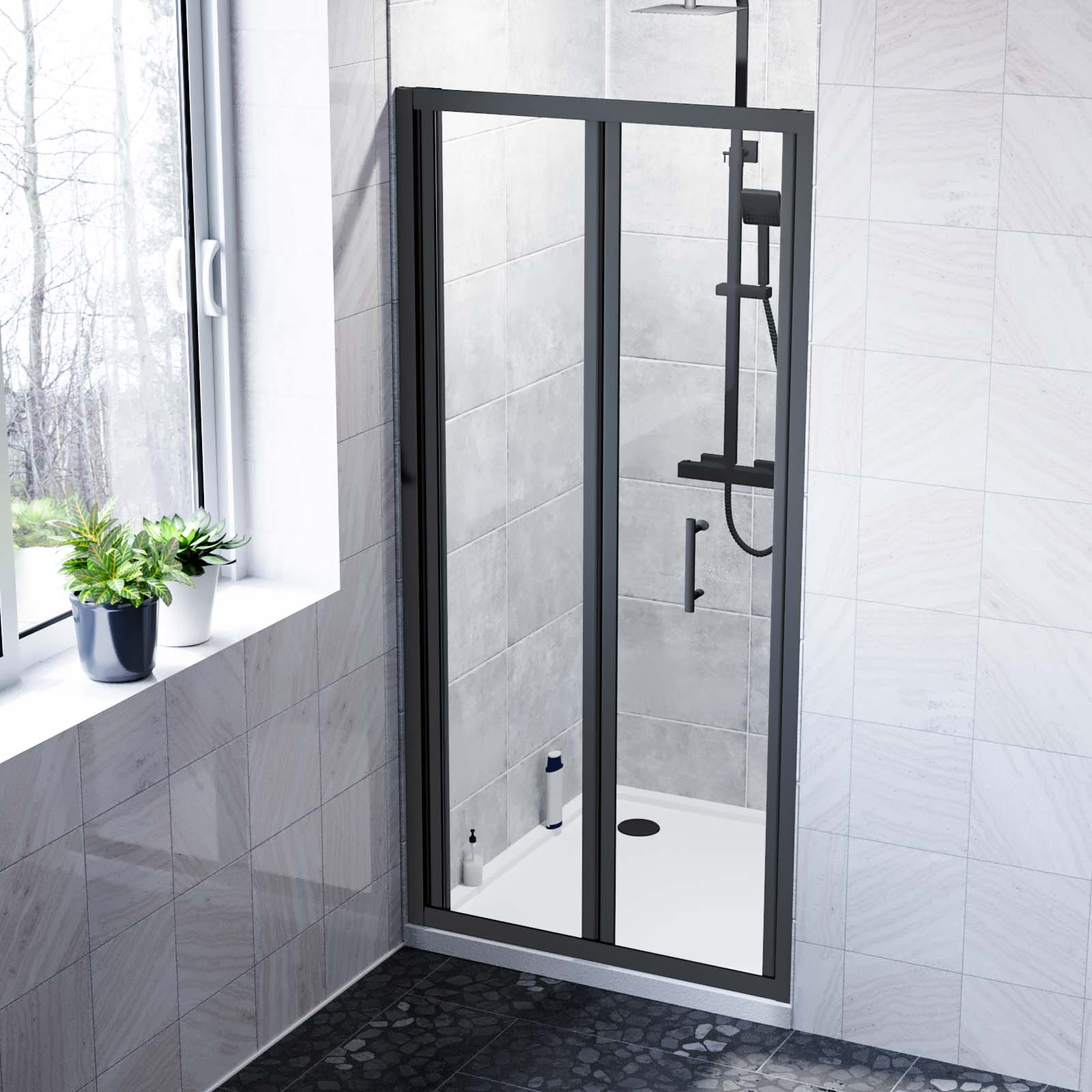 Kim Matte Black Walk In Bi Folding Shower Tempered Glass Door Screen Panel
