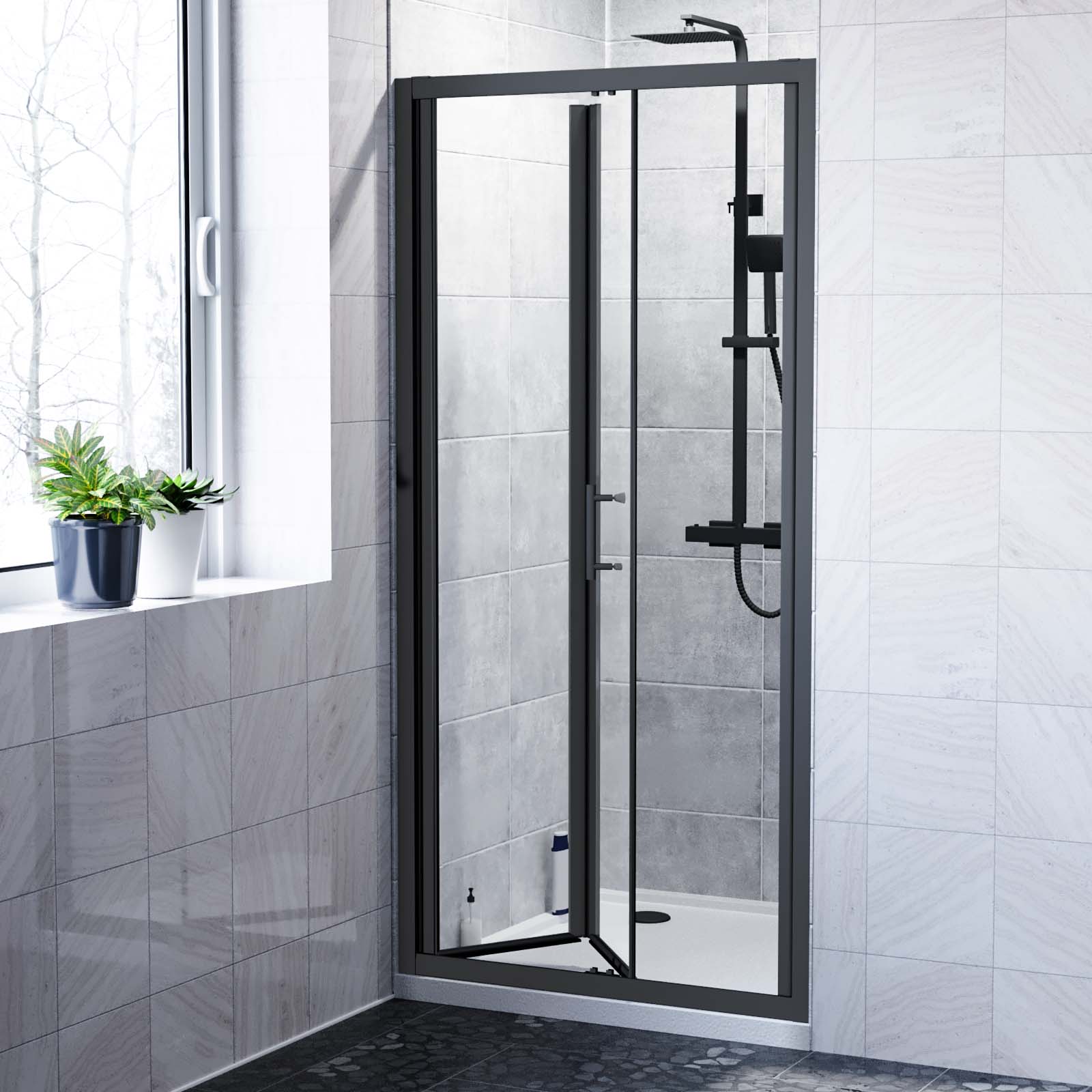 Kim 760 Matte Black Walk In Bi Folding Shower Tempered Glass Door Screen Panel