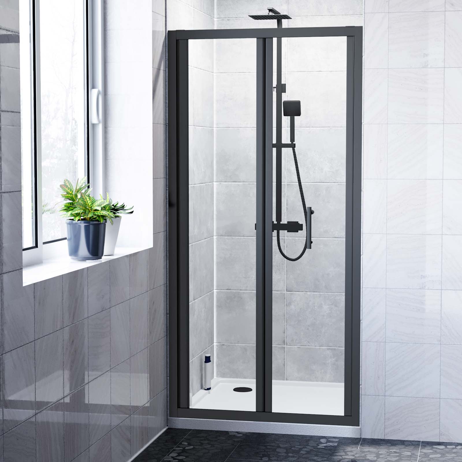Kim 800 Matte Black Walk In Bi Folding Shower Tempered Glass Door Screen Panel