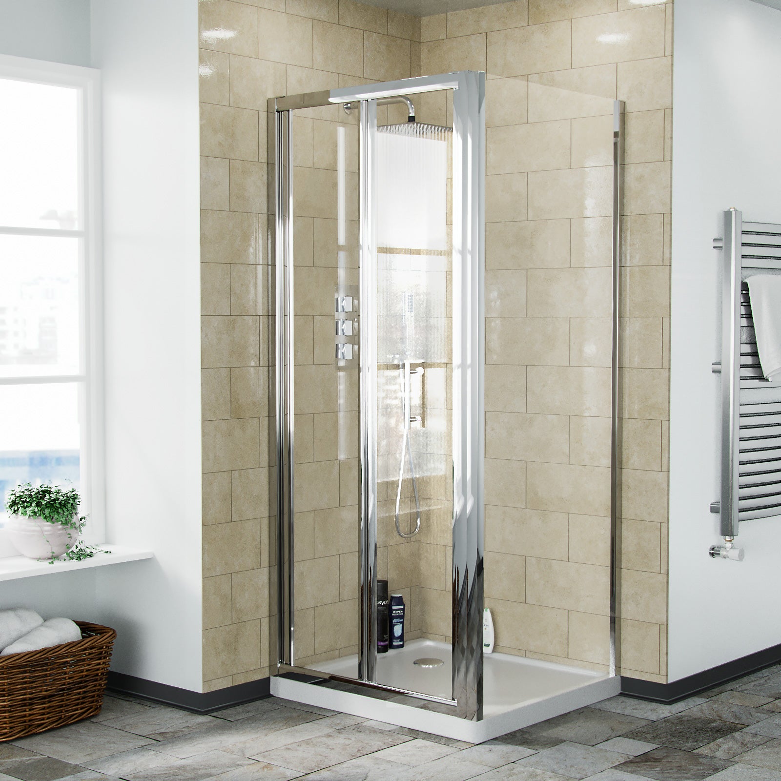 Bi-Folding Glass Shower Door with Side Panel Enclosure and Tray