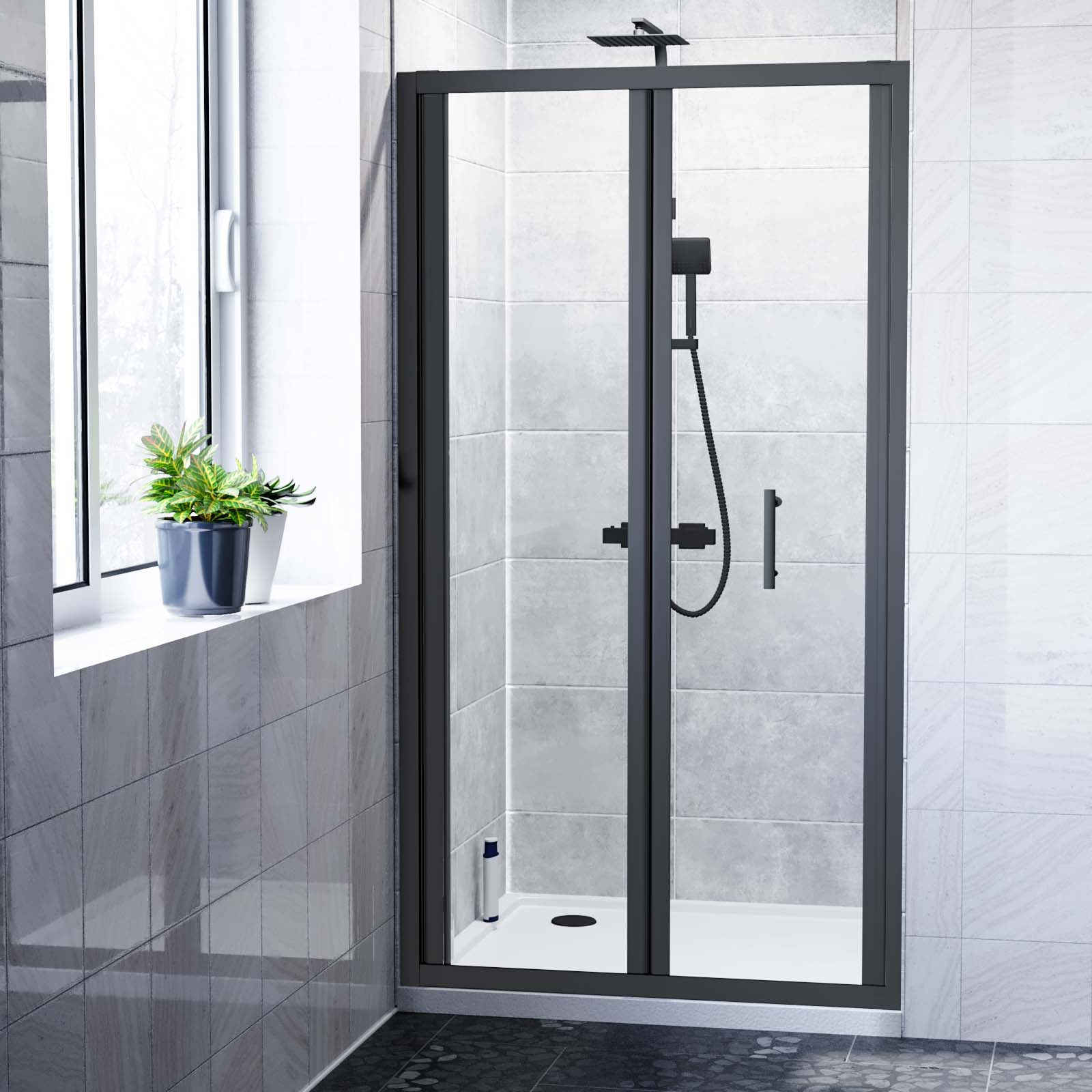 Kim 900mm Matte Black Walk In Bi Folding Shower Tempered Glass Door Screen Panel