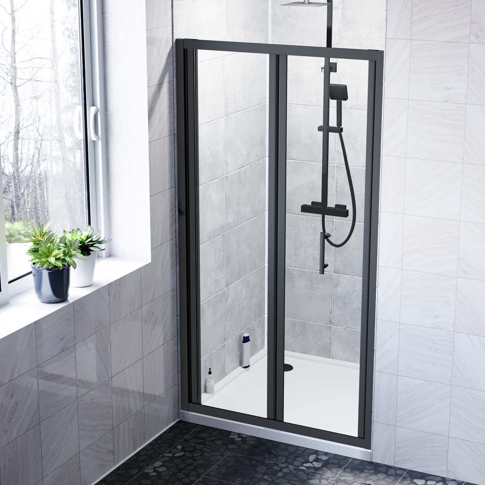 Kim 900mm Matte Black Walk In Bi Folding Shower Tempered Glass Door Screen Panel