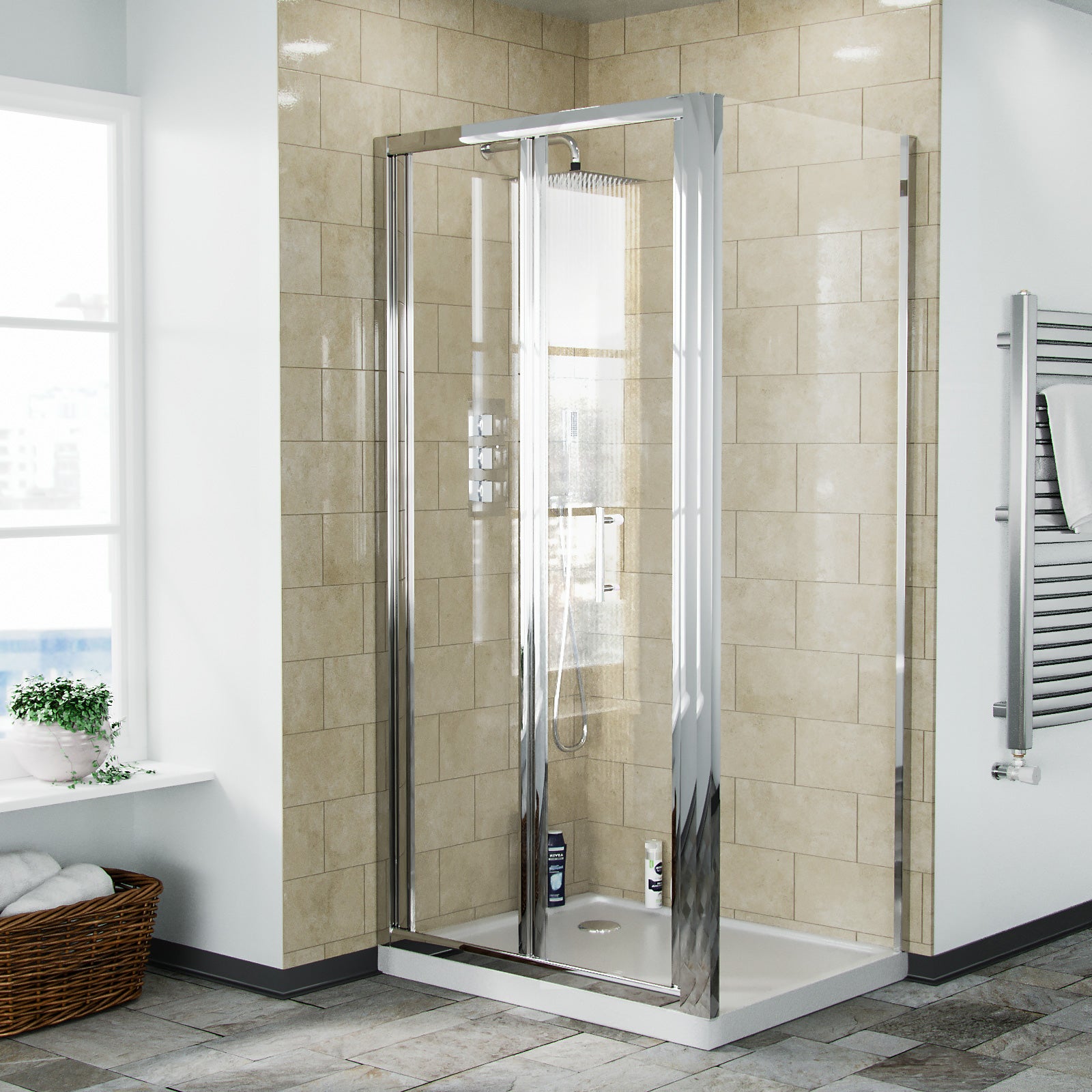 Bi-Folding Glass Shower Door with Side Panel Enclosure and Tray