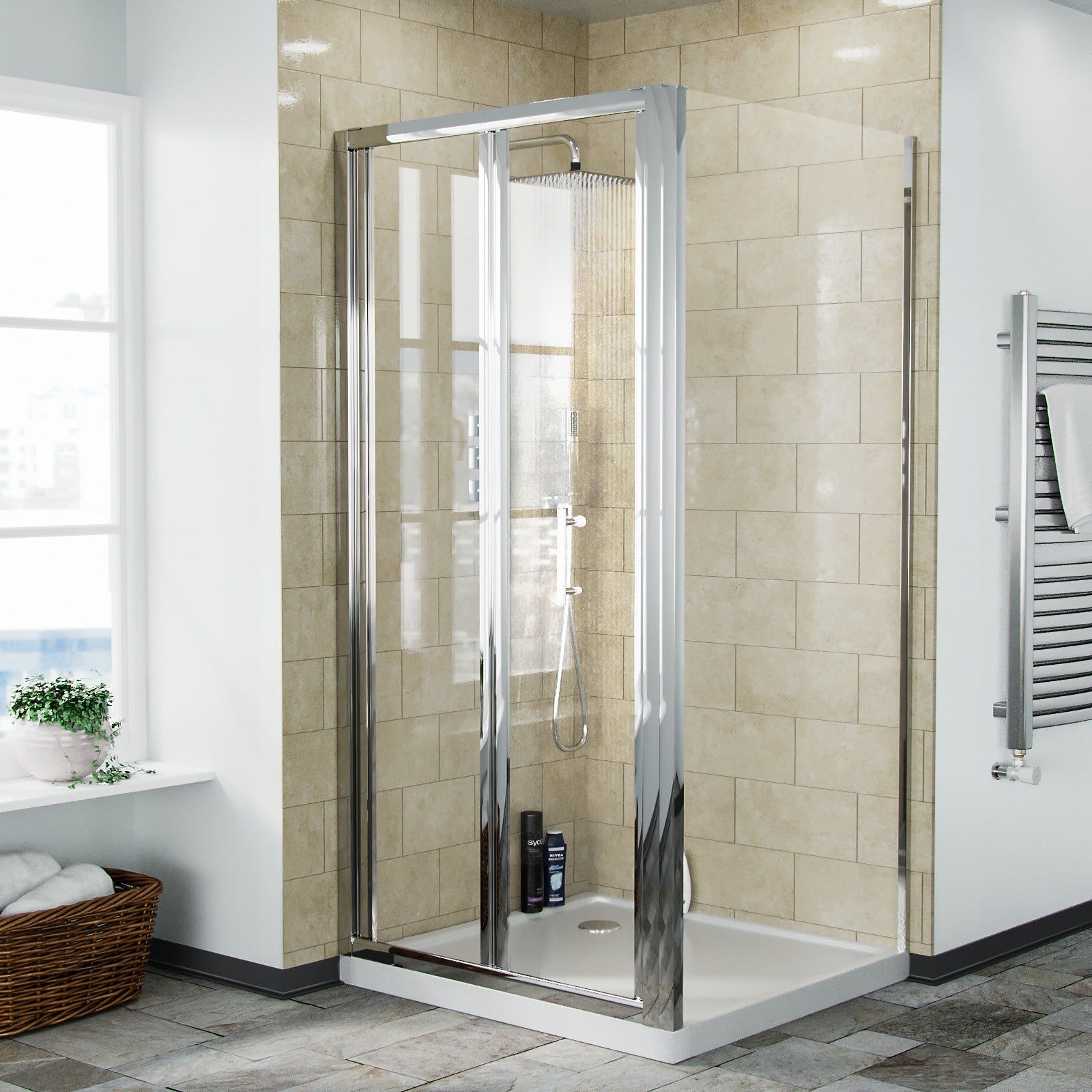 Square Shower Enclosure Suite, Bi-Fold Shower enclosure, Tray, Waste, Close Coupled Toilet