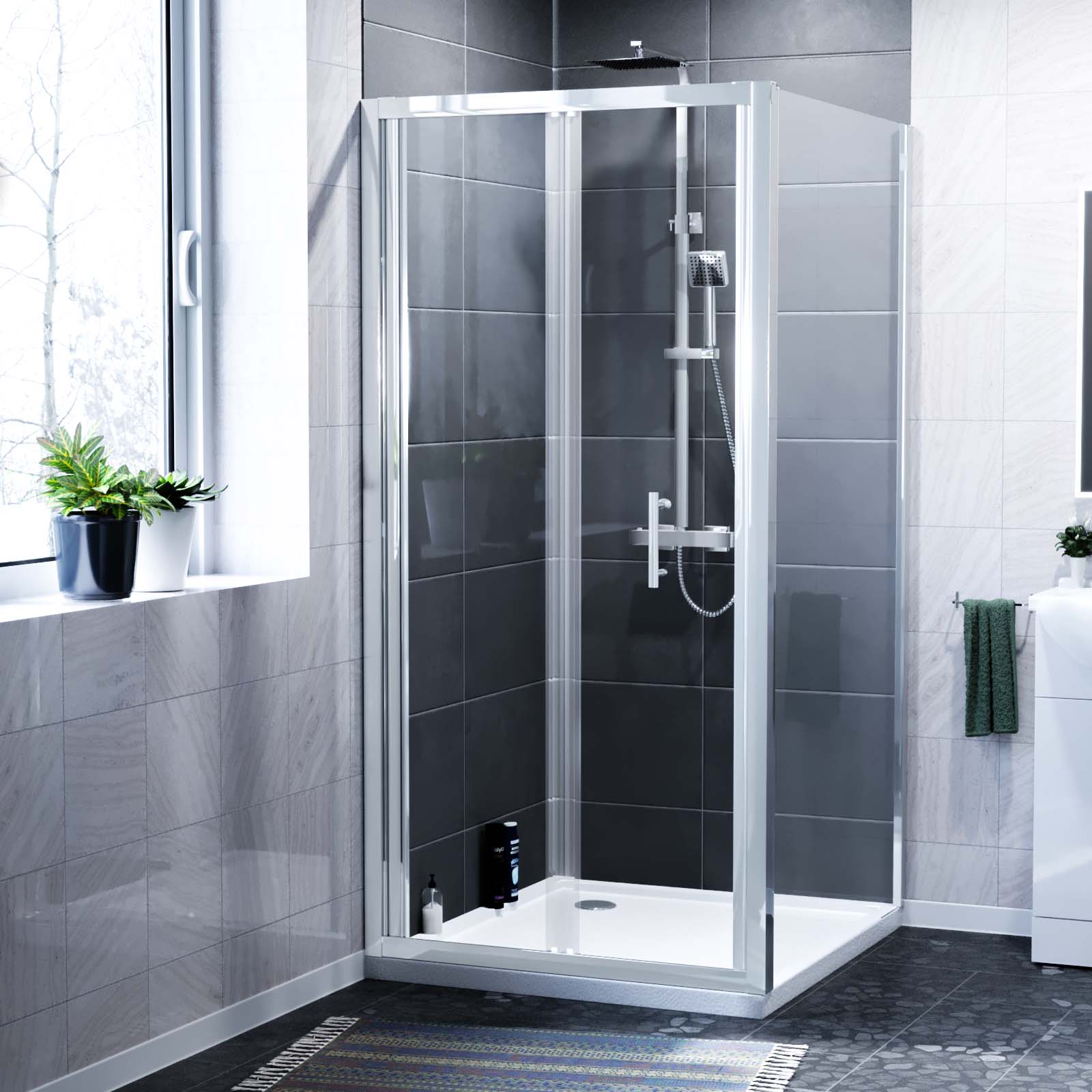 Slider Shower Door Enclosure with Frameless Glass Panel Screen + Tray