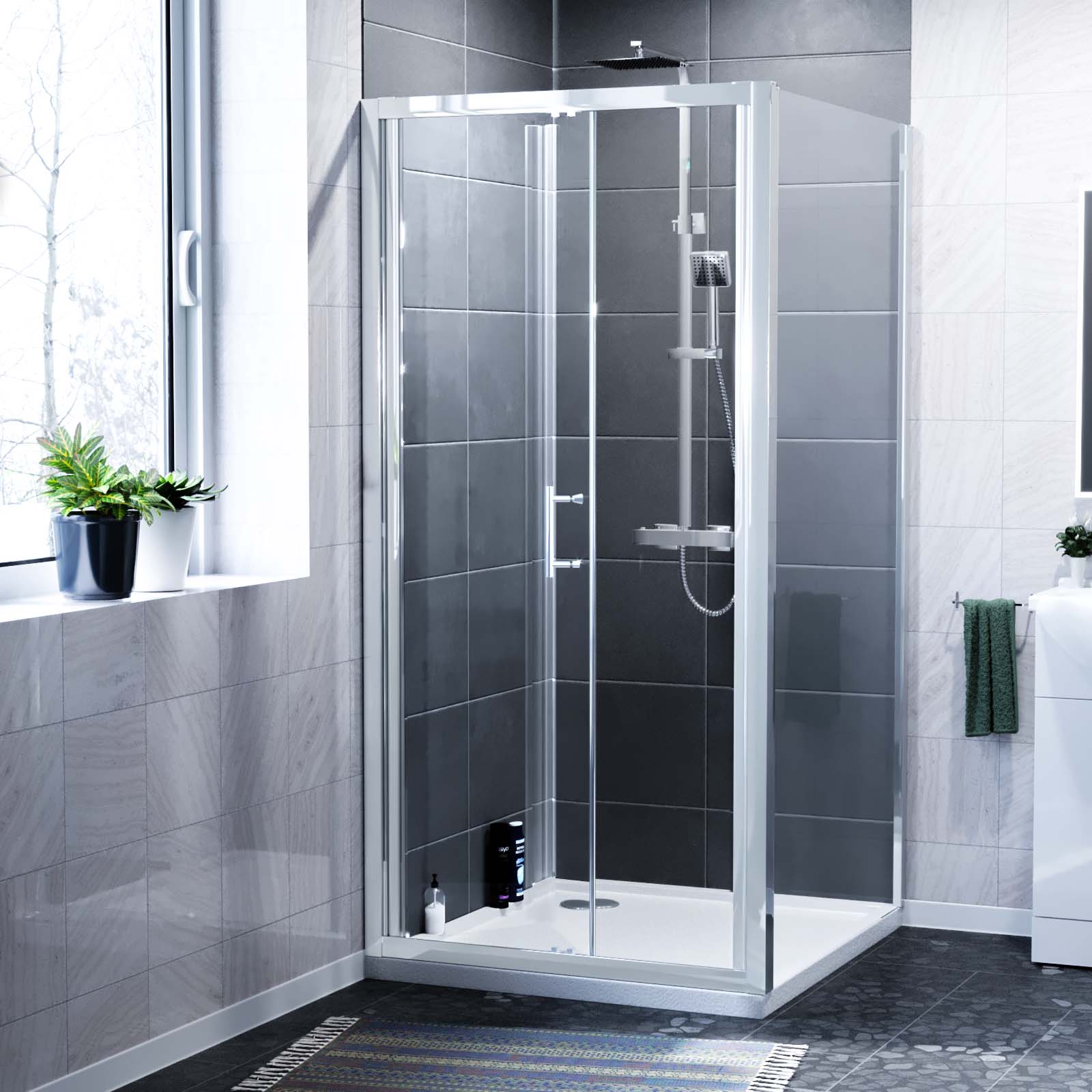 Slider Shower Door Enclosure with Frameless Glass Panel Screen + Tray