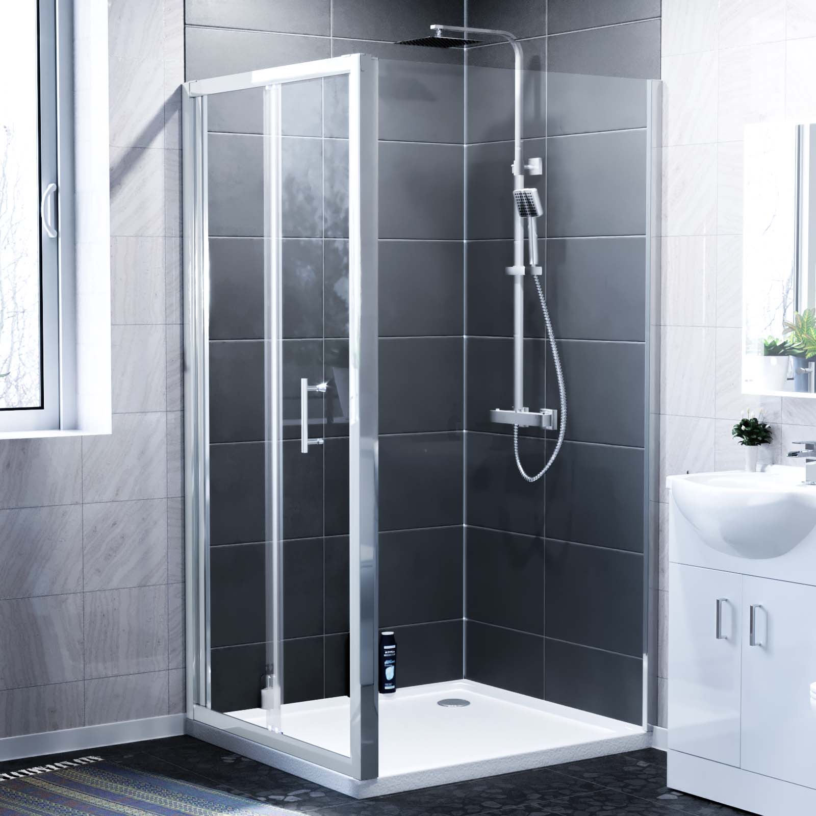 Slider Shower Door Enclosure with Frameless Glass Panel Screen + Tray