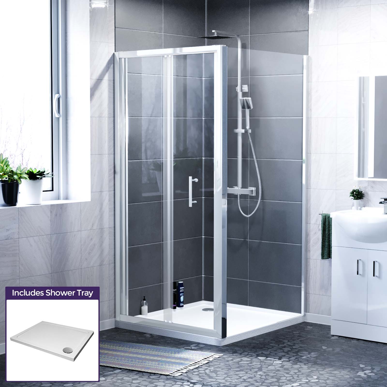 Jupiter Chrome Framed Shower Bi-Fold Door, Side Panel Enclosure & Tray