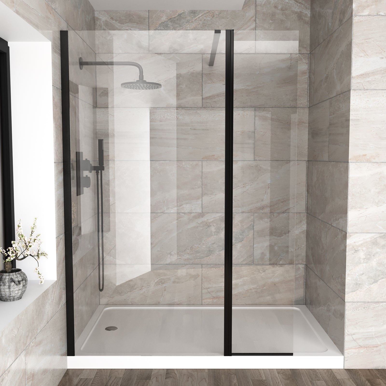 Samotha Flipper Panel Black for Walk-in Shower Enclosure 6mm Tempered Glass Screen