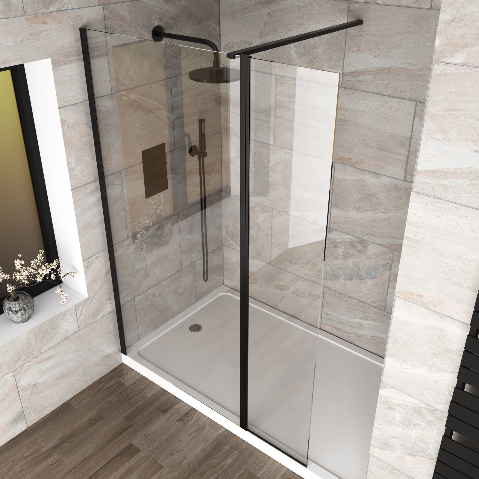 Samotha Flipper Panel Black for Walk-in Shower Enclosure 6mm Tempered Glass Screen